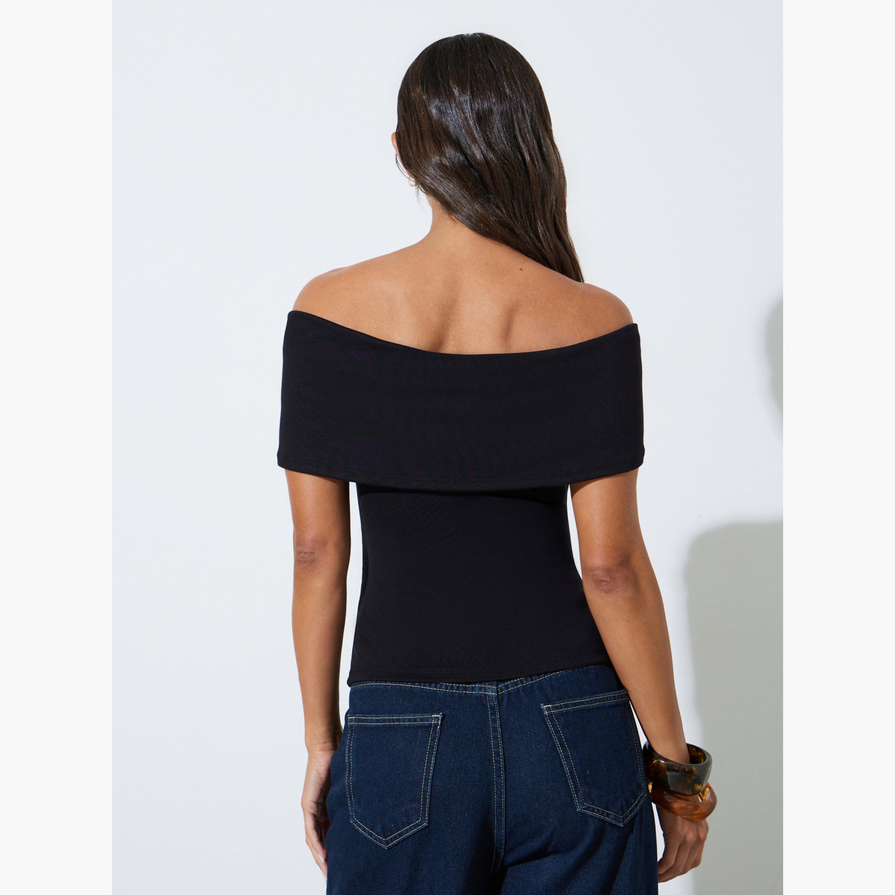 Styli Black Solid Off Shoulder Crisscross Knit Top-women-clothing-shirtsandblouses-blouses-image-4