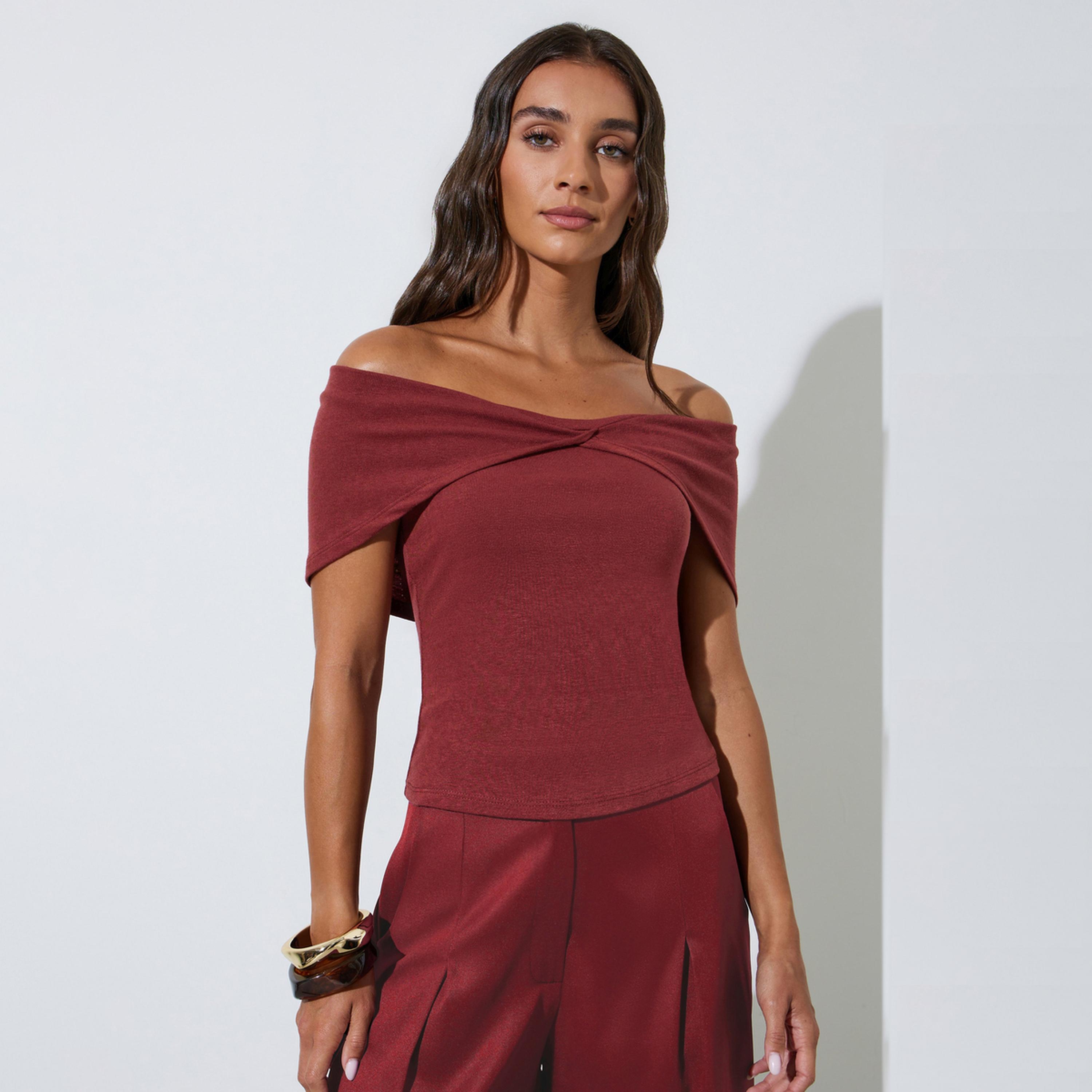 Styli Burgundy Solid Off Shoulder Crisscross Knit Top-women-clothing-shirtsandblouses-blouses-image-1