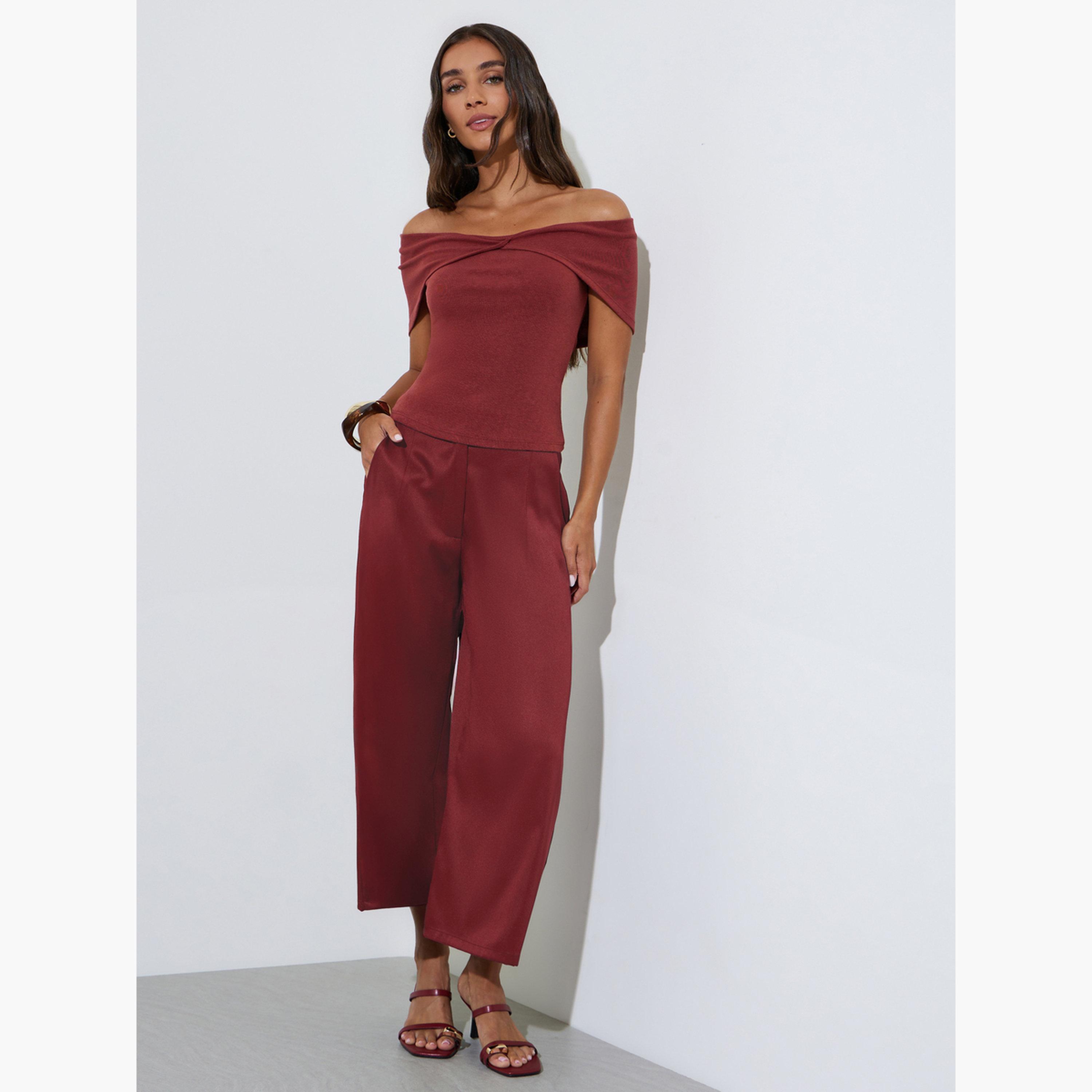 Styli Burgundy Solid Off Shoulder Crisscross Knit Top-women-clothing-shirtsandblouses-blouses-image-2
