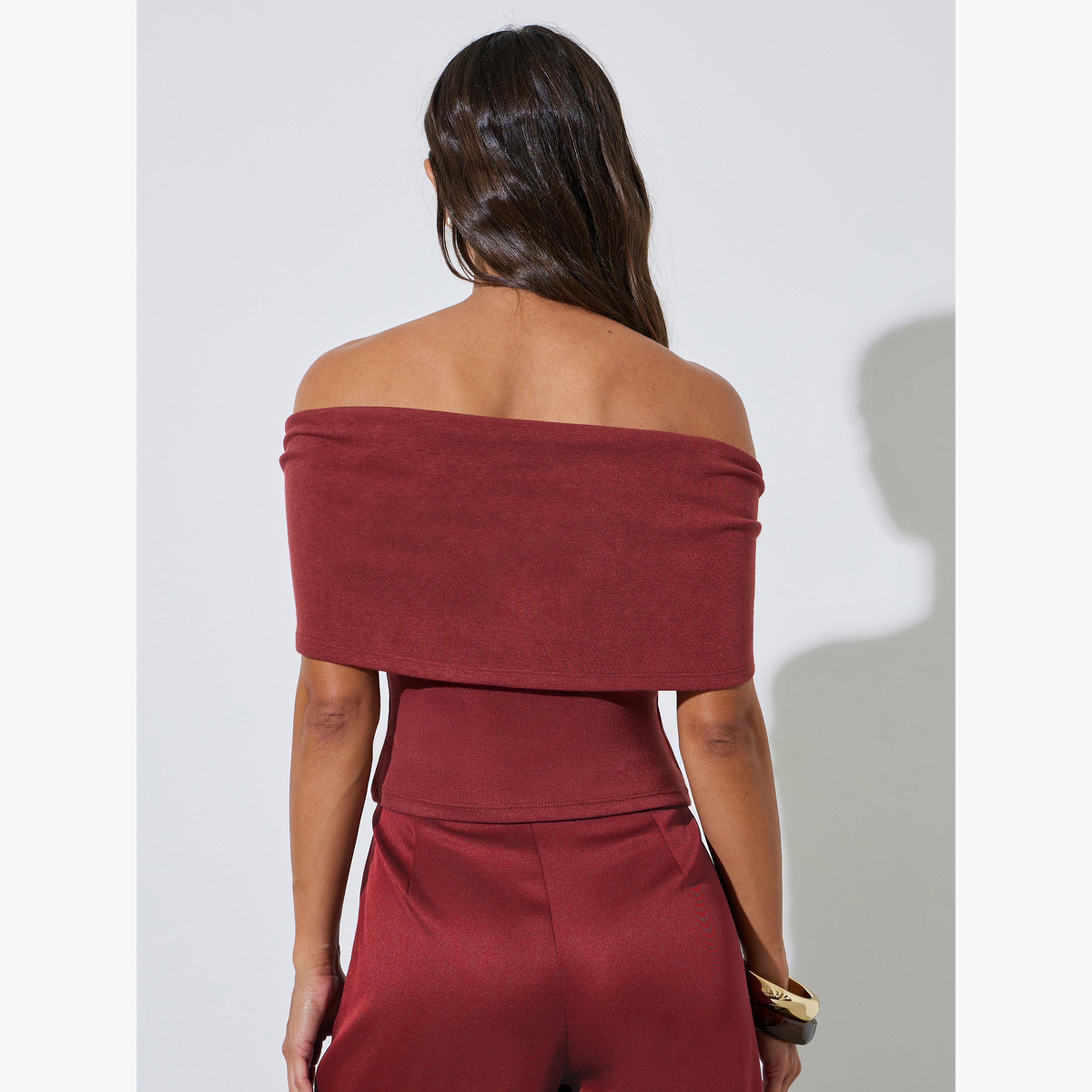 Styli Burgundy Solid Off Shoulder Crisscross Knit Top-women-clothing-shirtsandblouses-blouses-image-4