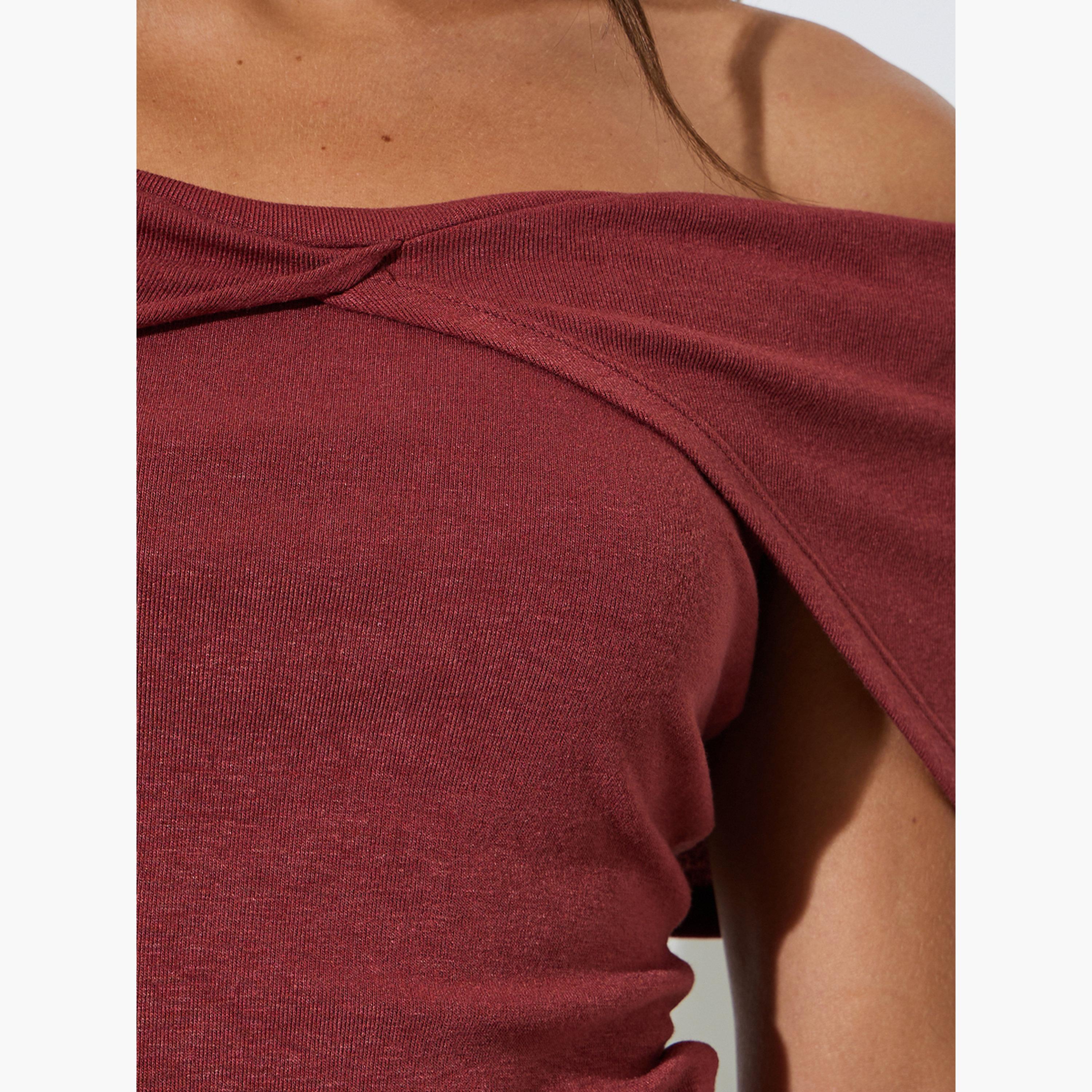 Styli Burgundy Solid Off Shoulder Crisscross Knit Top-women-clothing-shirtsandblouses-blouses-image-5