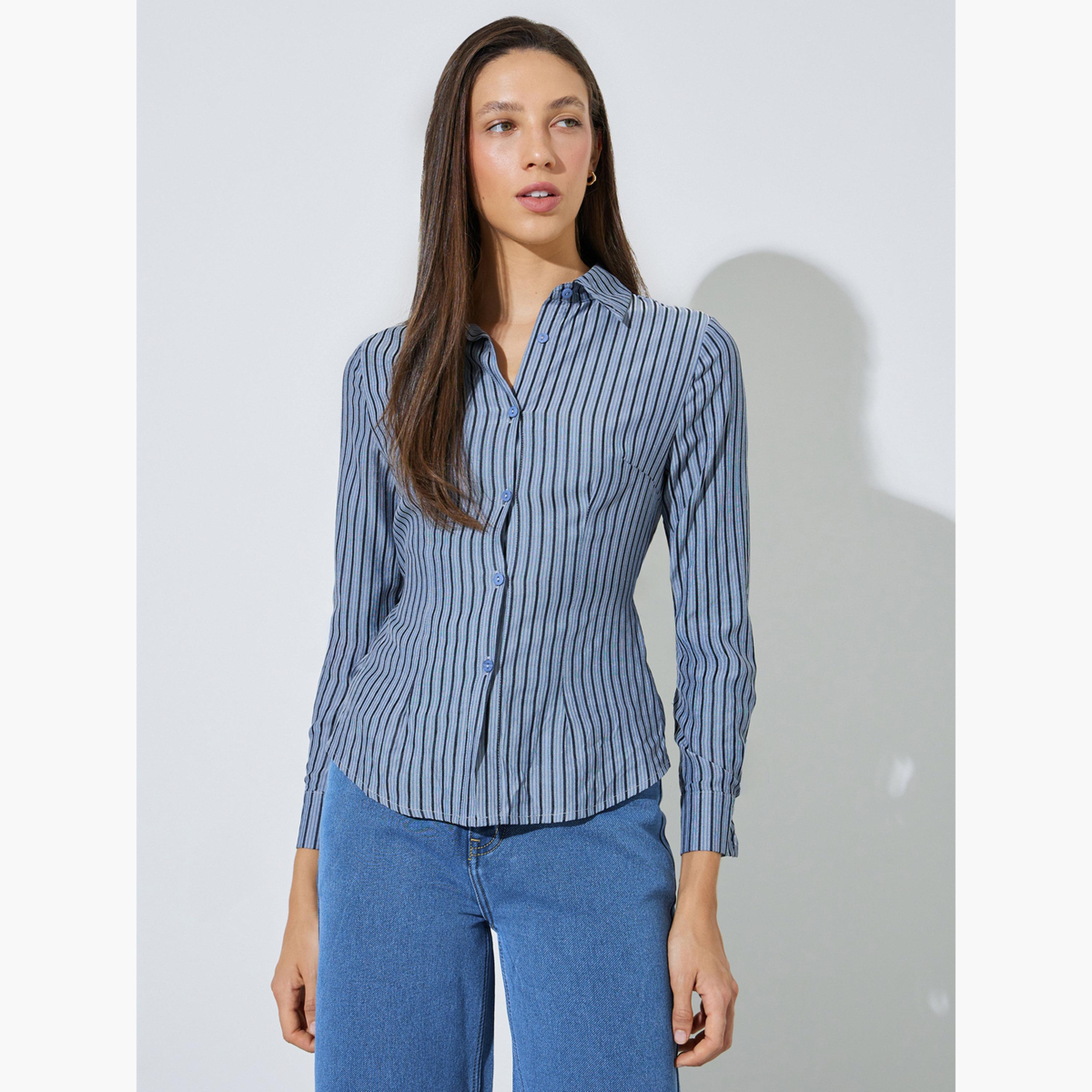 Styli Blue Striped Waist Tie-Up Fitted Shirt-women-clothing-shirtsandblouses-shirts-image-1