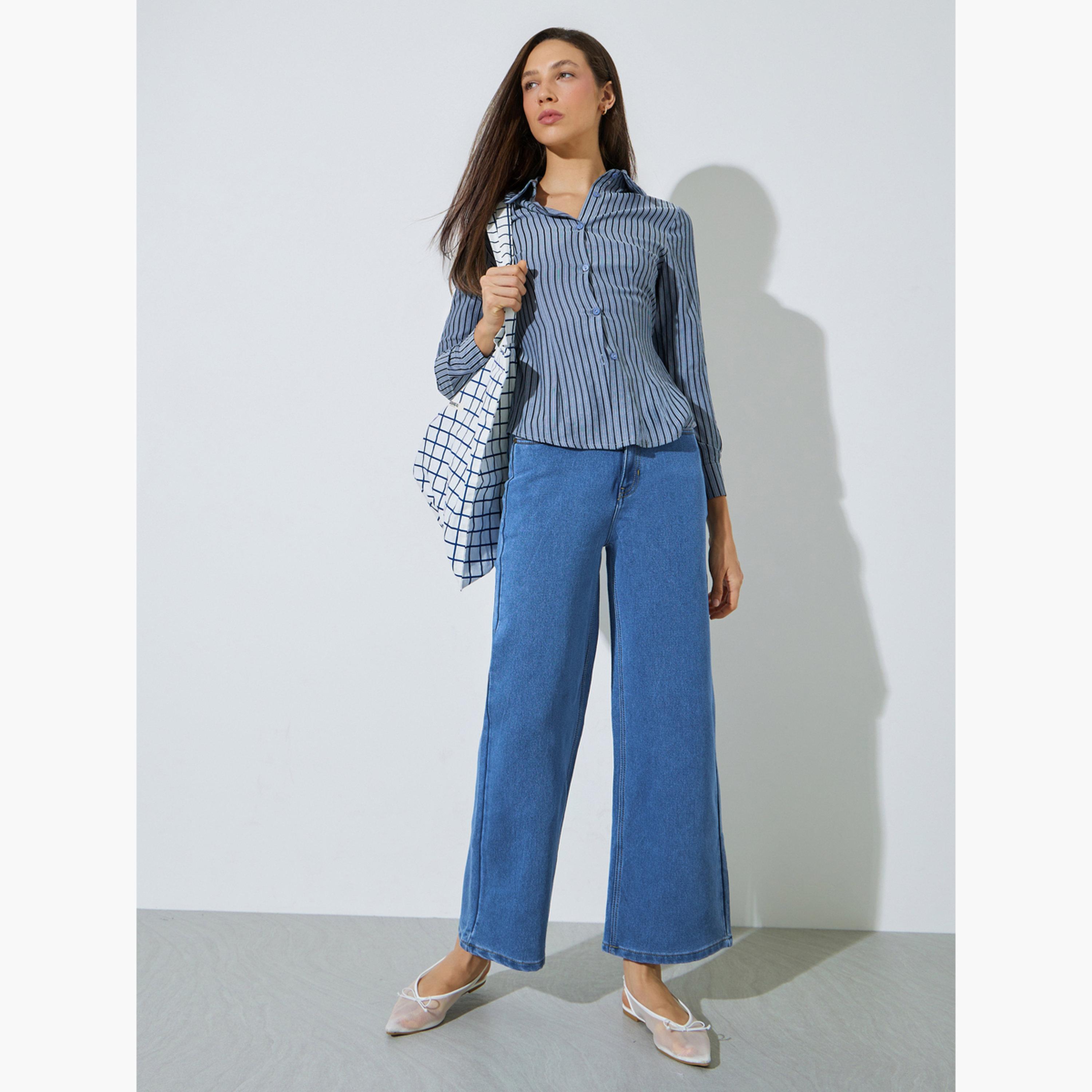 Styli Blue Striped Waist Tie-Up Fitted Shirt-women-clothing-shirtsandblouses-shirts-image-2