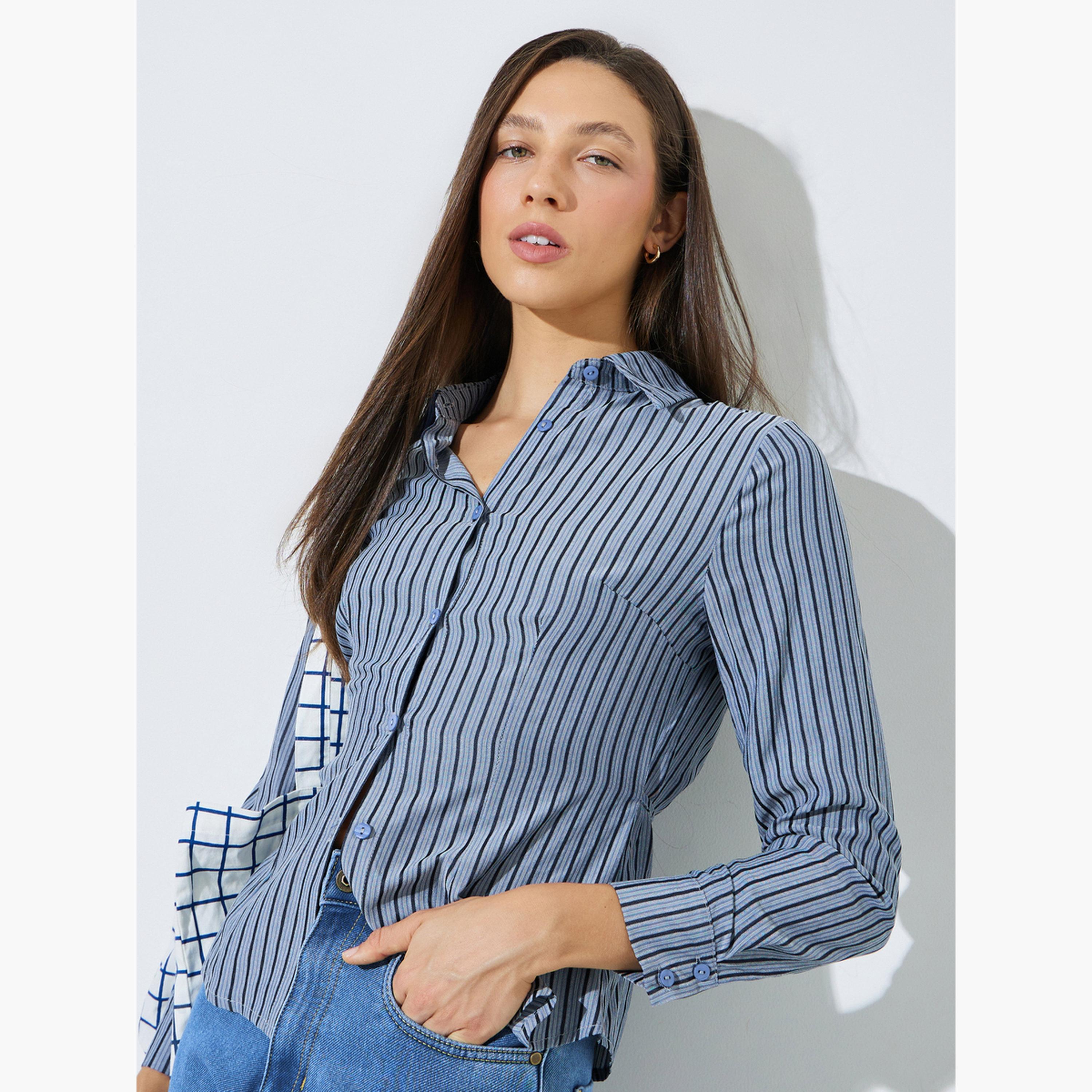 Styli Blue Striped Waist Tie-Up Fitted Shirt-women-clothing-shirtsandblouses-shirts-image-3