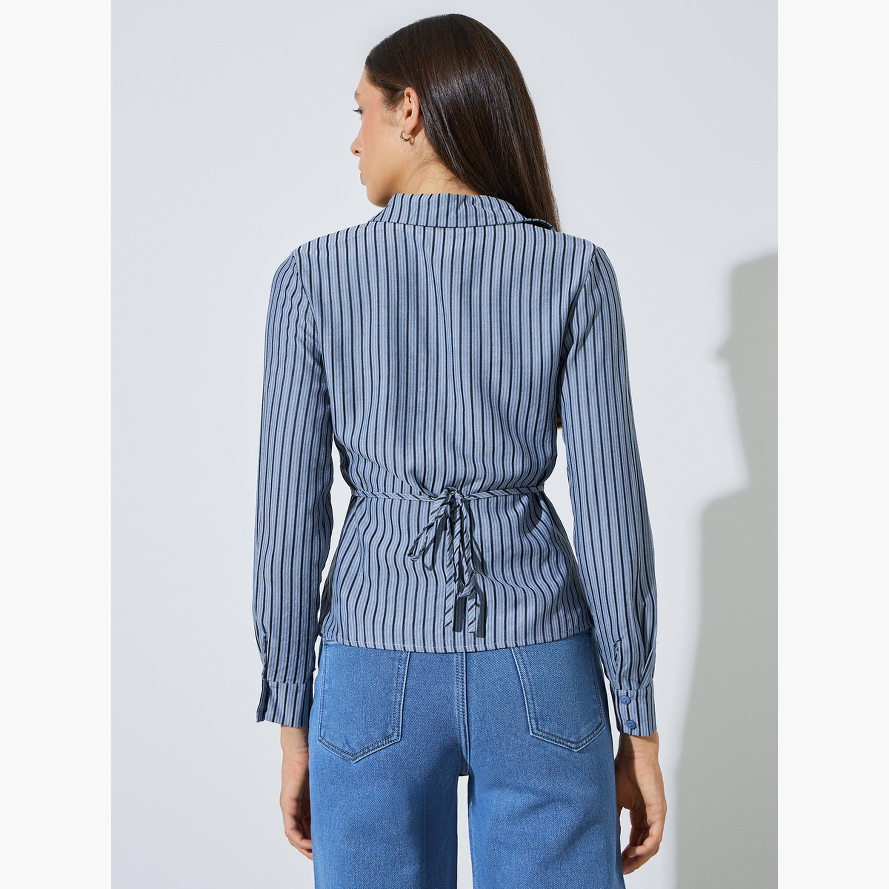 Styli Blue Striped Waist Tie-Up Fitted Shirt-women-clothing-shirtsandblouses-shirts-image-4