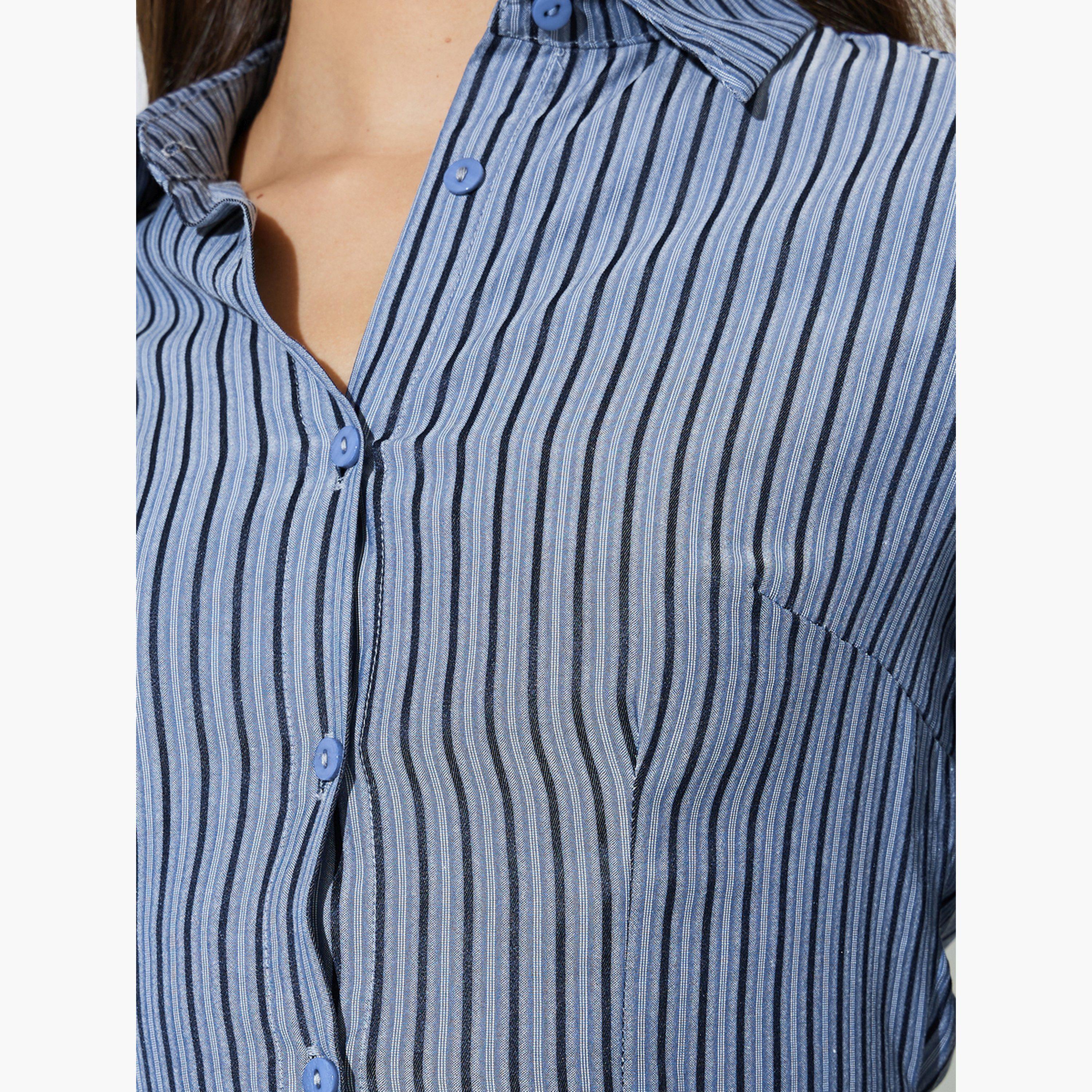 Styli Blue Striped Waist Tie-Up Fitted Shirt-women-clothing-shirtsandblouses-shirts-image-5