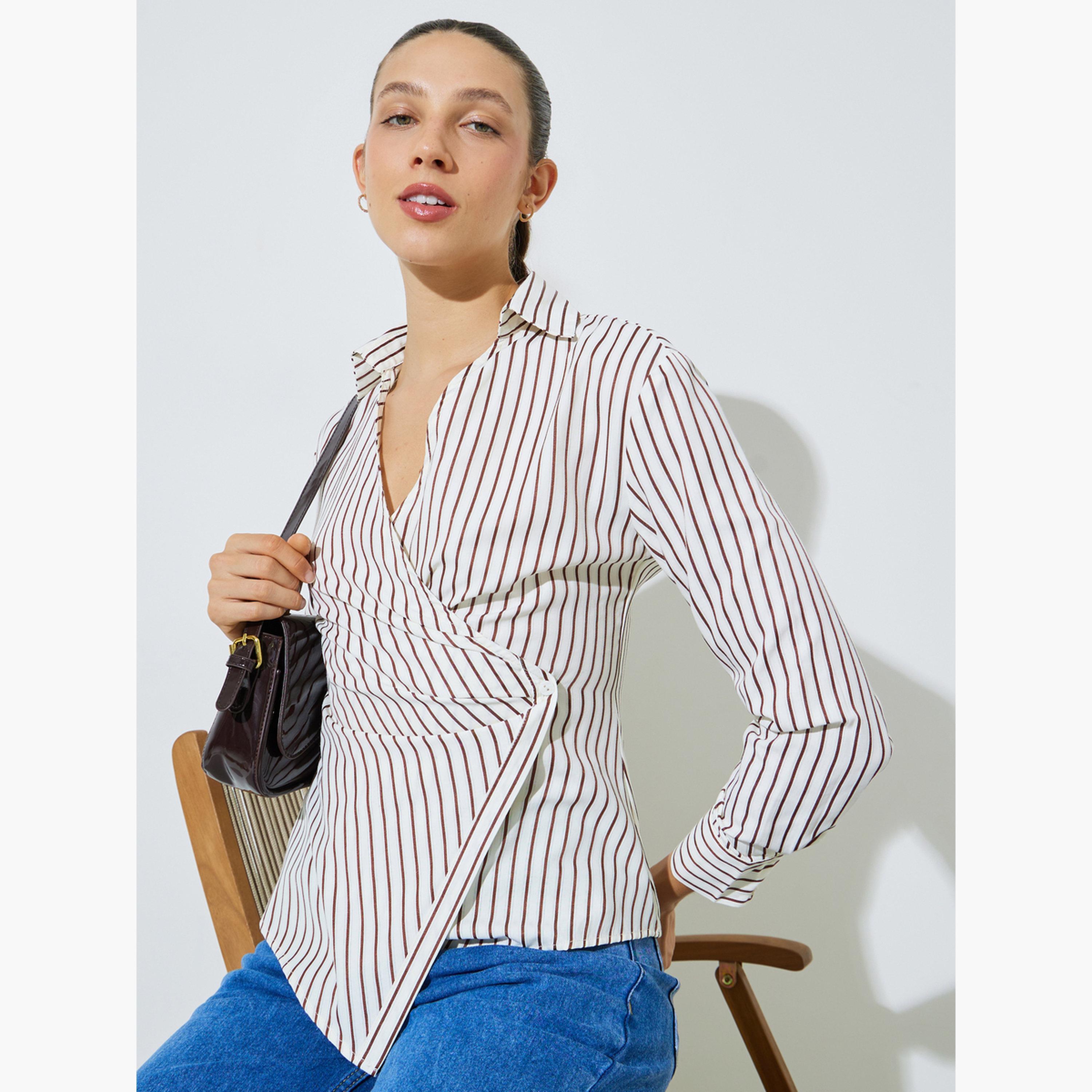 ستايلي - بلوزة لف مخططة بلون أبيض كريمي بياقة مفتوحة-women-clothing-shirtsandblouses-blouses-image-3