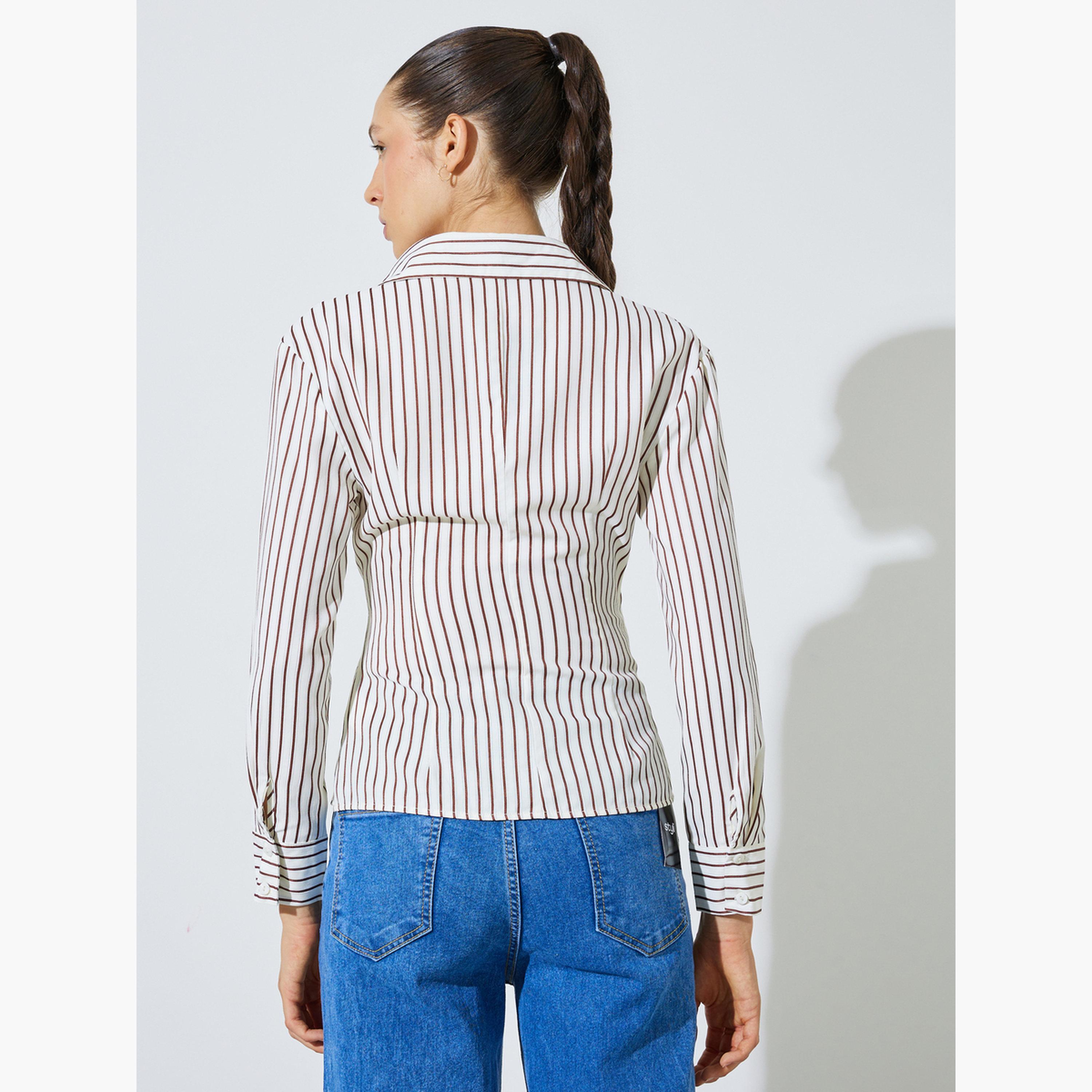 ستايلي - بلوزة لف مخططة بلون أبيض كريمي بياقة مفتوحة-women-clothing-shirtsandblouses-blouses-image-4
