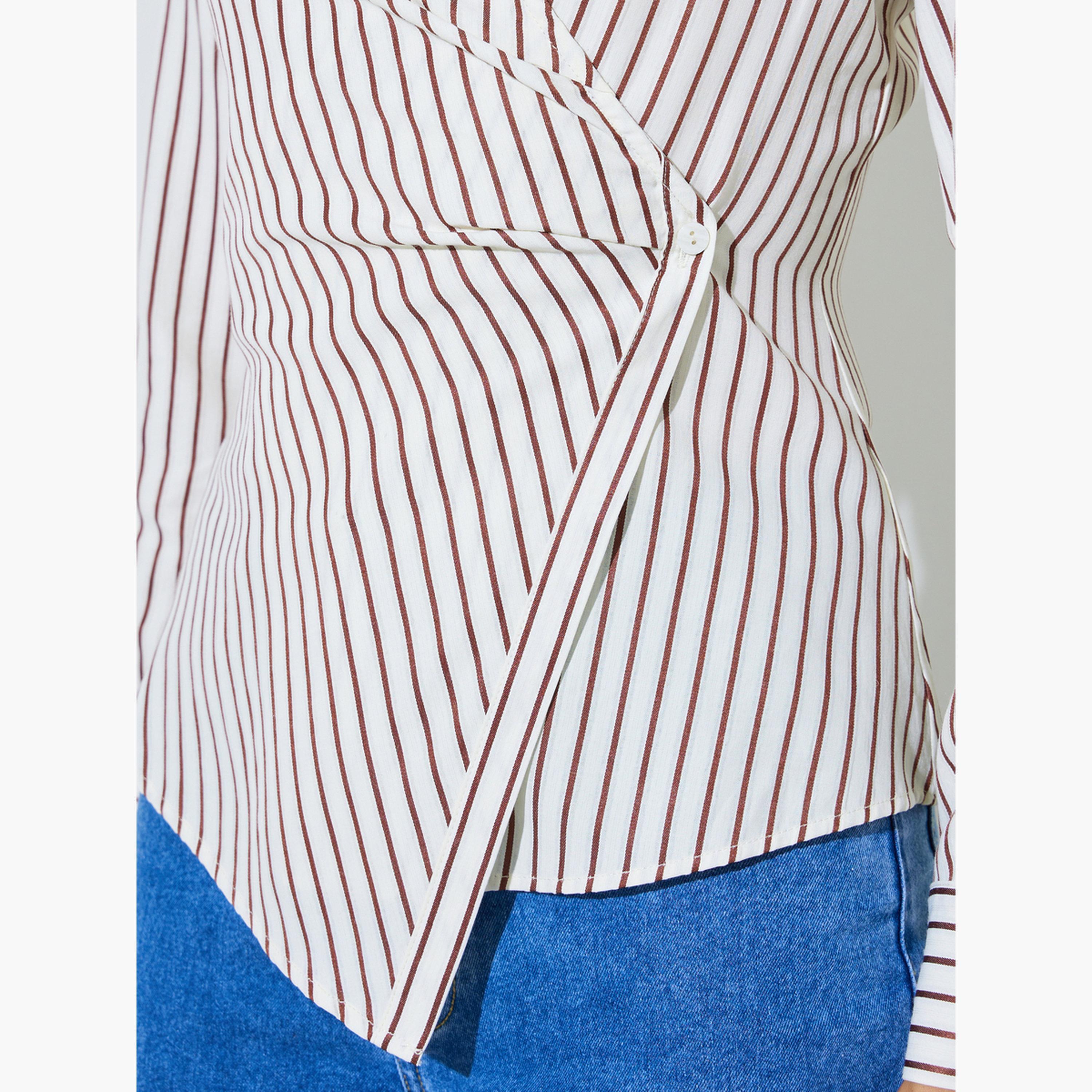 ستايلي - بلوزة لف مخططة بلون أبيض كريمي بياقة مفتوحة-women-clothing-shirtsandblouses-blouses-image-5