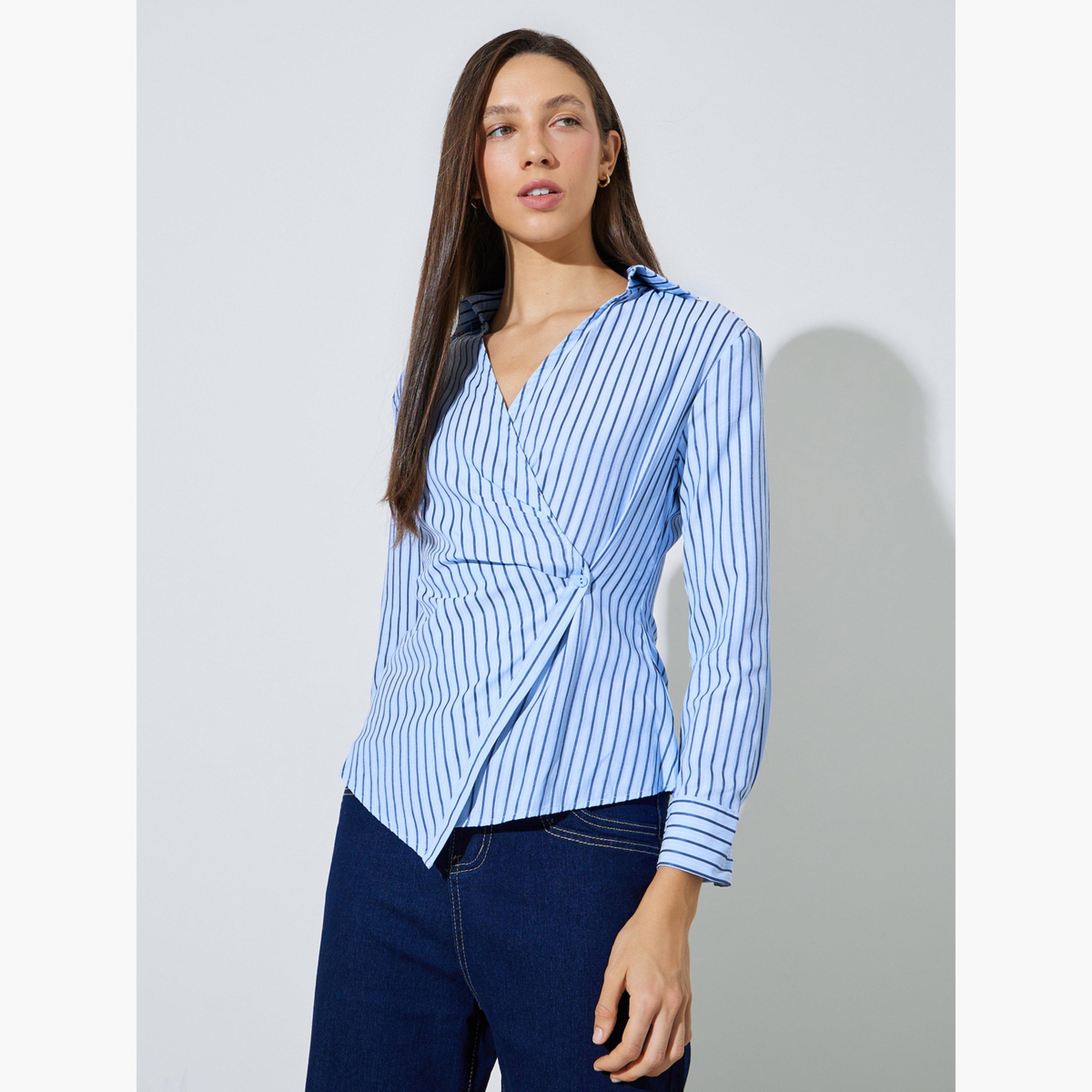 Styli Light Blue Striped Wrap Top with Open Collar-women-clothing-shirtsandblouses-blouses-image-1