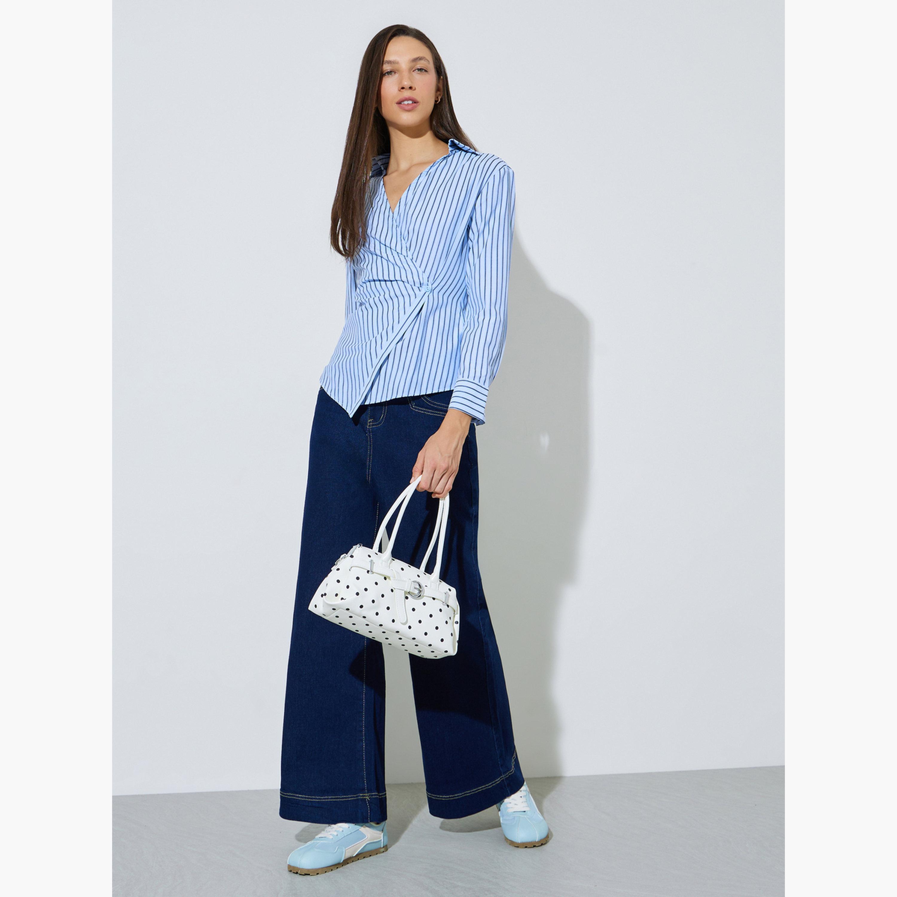 Styli Light Blue Striped Wrap Top with Open Collar-women-clothing-shirtsandblouses-blouses-image-2