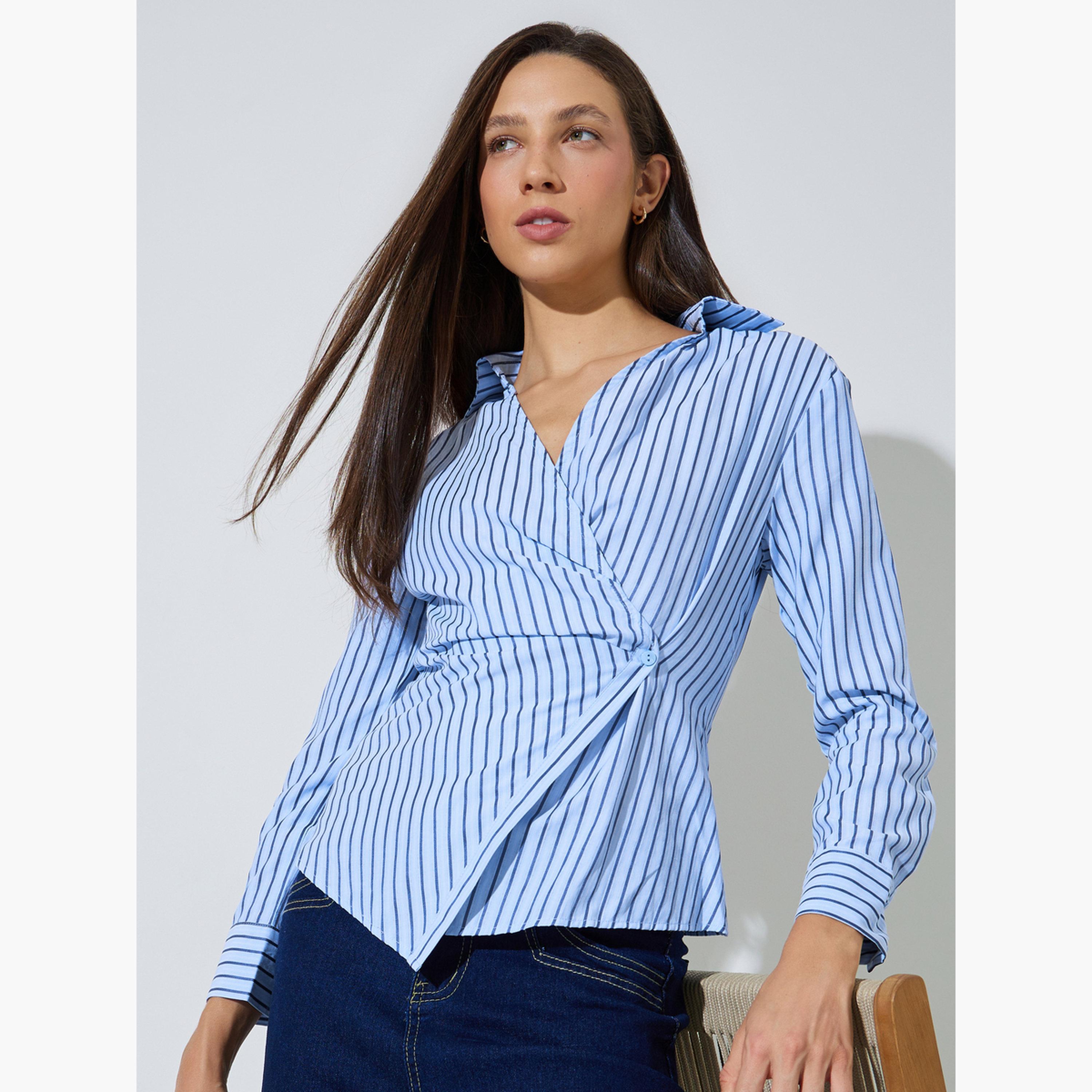 Styli Light Blue Striped Wrap Top with Open Collar-women-clothing-shirtsandblouses-blouses-image-3