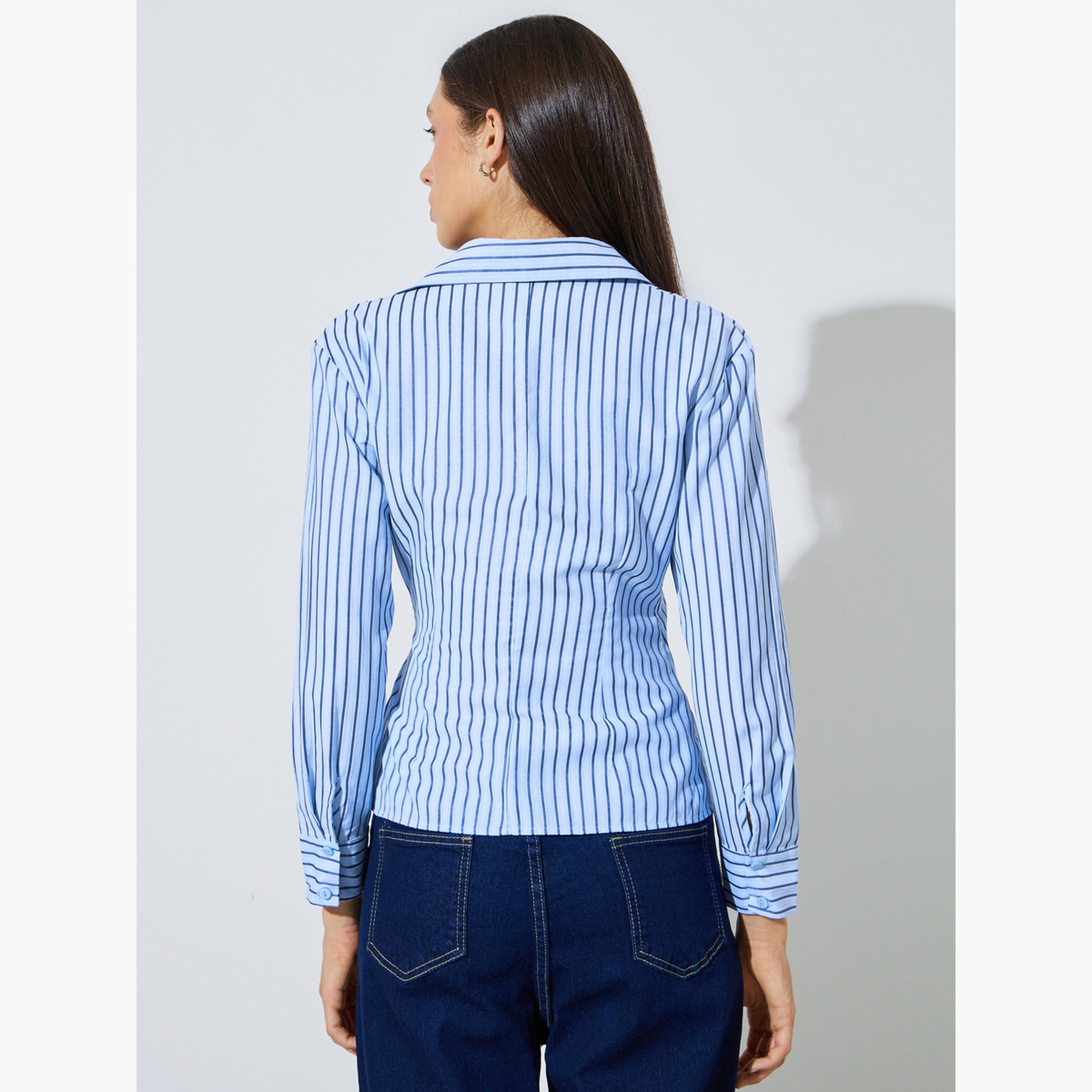 Styli Light Blue Striped Wrap Top with Open Collar-women-clothing-shirtsandblouses-blouses-image-4
