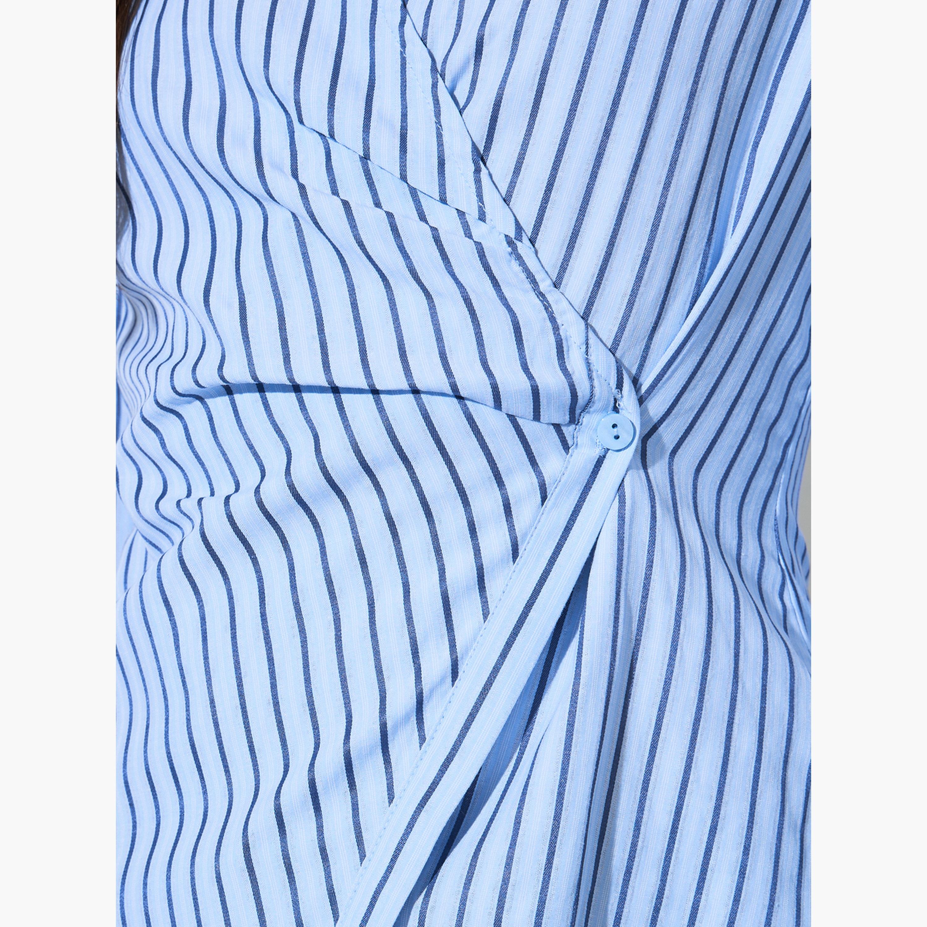 Styli Light Blue Striped Wrap Top with Open Collar-women-clothing-shirtsandblouses-blouses-image-5