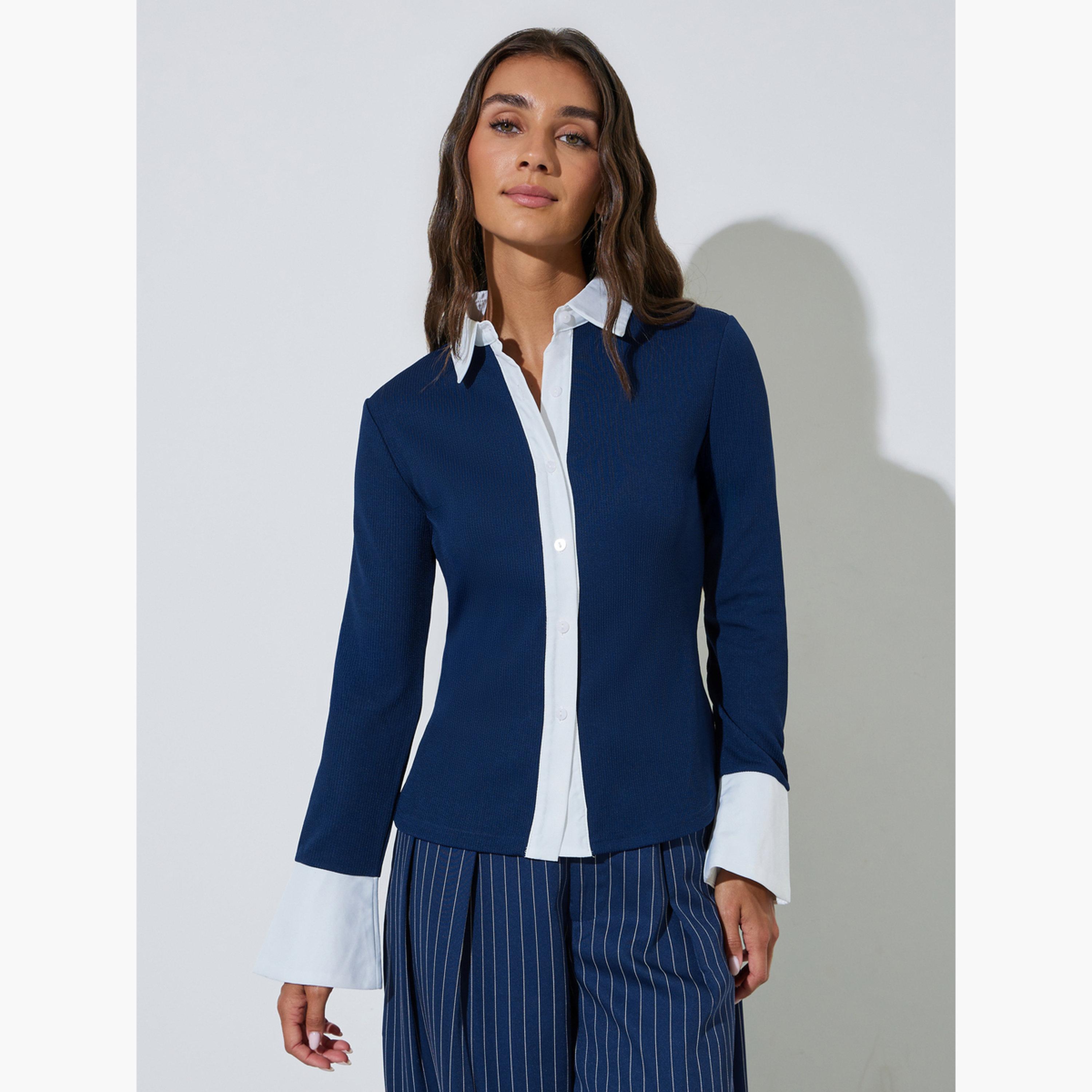 بلوزة أكمام طويلة بتفاصيل مضلعة وياقة وأساور متباينة-women-clothing-shirtsandblouses-shirts-image-1