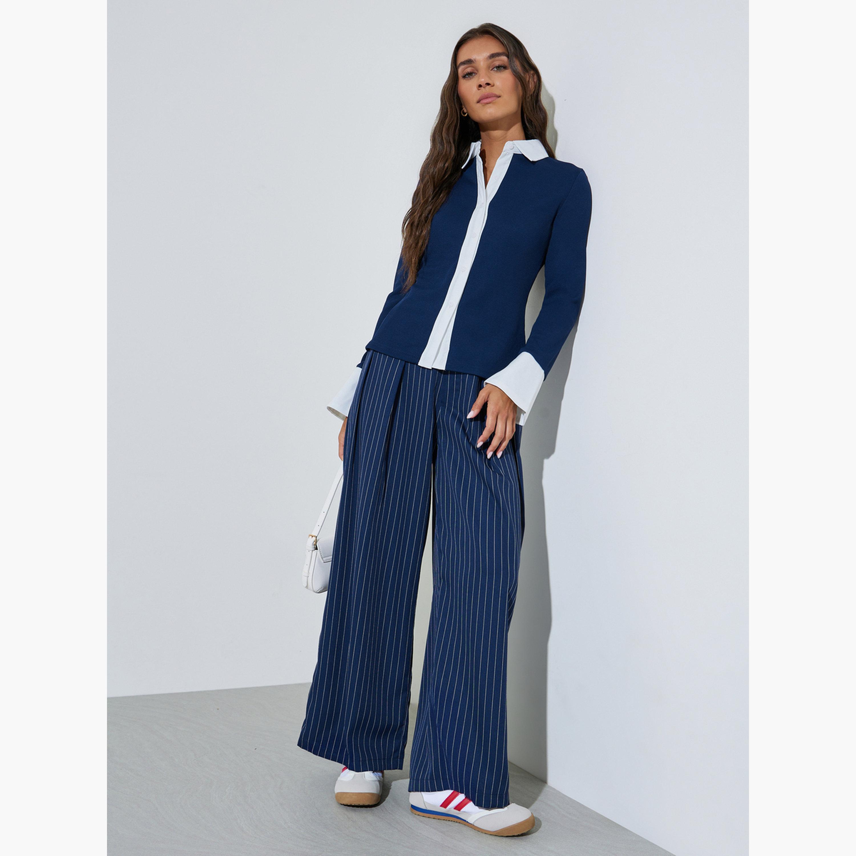 بلوزة أكمام طويلة بتفاصيل مضلعة وياقة وأساور متباينة-women-clothing-shirtsandblouses-shirts-image-2
