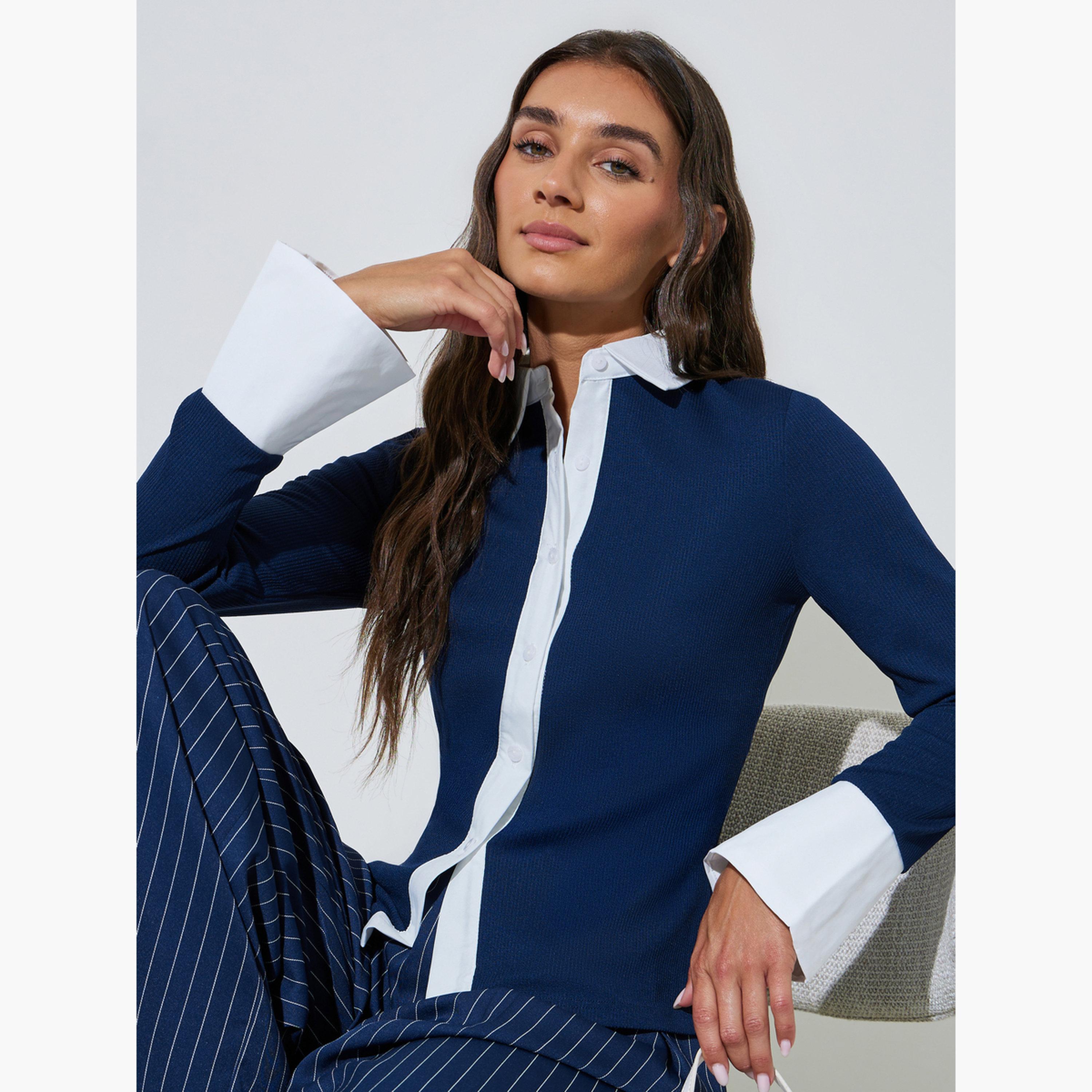 بلوزة أكمام طويلة بتفاصيل مضلعة وياقة وأساور متباينة-women-clothing-shirtsandblouses-shirts-image-3