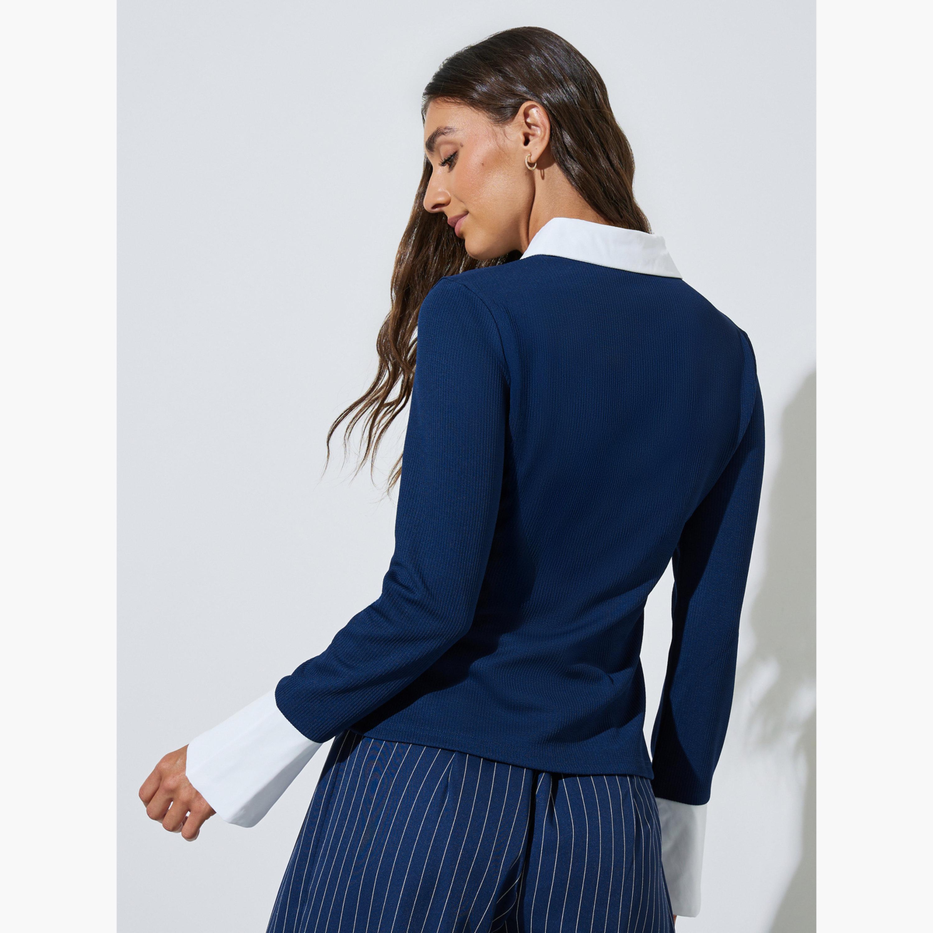 بلوزة أكمام طويلة بتفاصيل مضلعة وياقة وأساور متباينة-women-clothing-shirtsandblouses-shirts-image-4