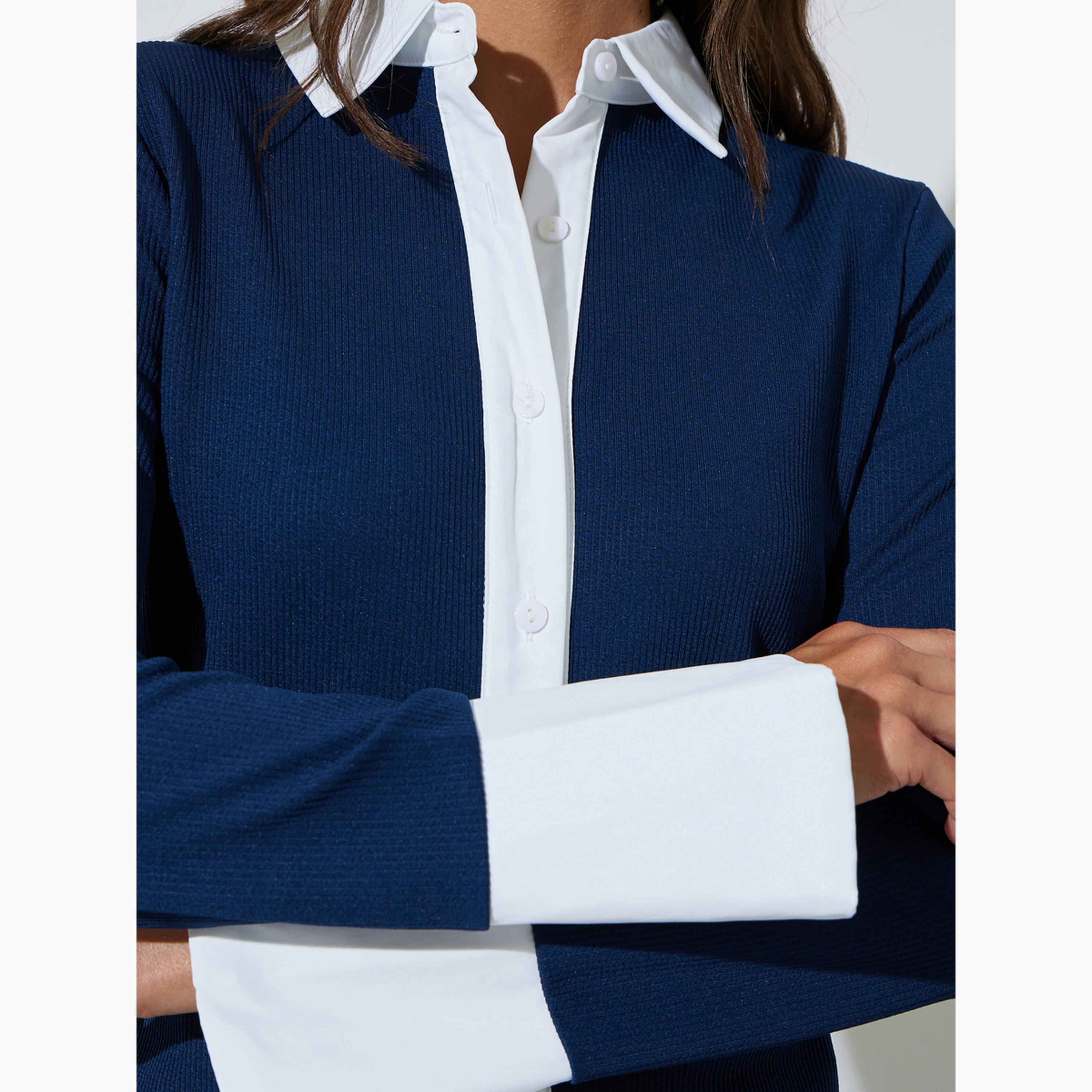 بلوزة أكمام طويلة بتفاصيل مضلعة وياقة وأساور متباينة-women-clothing-shirtsandblouses-shirts-image-5