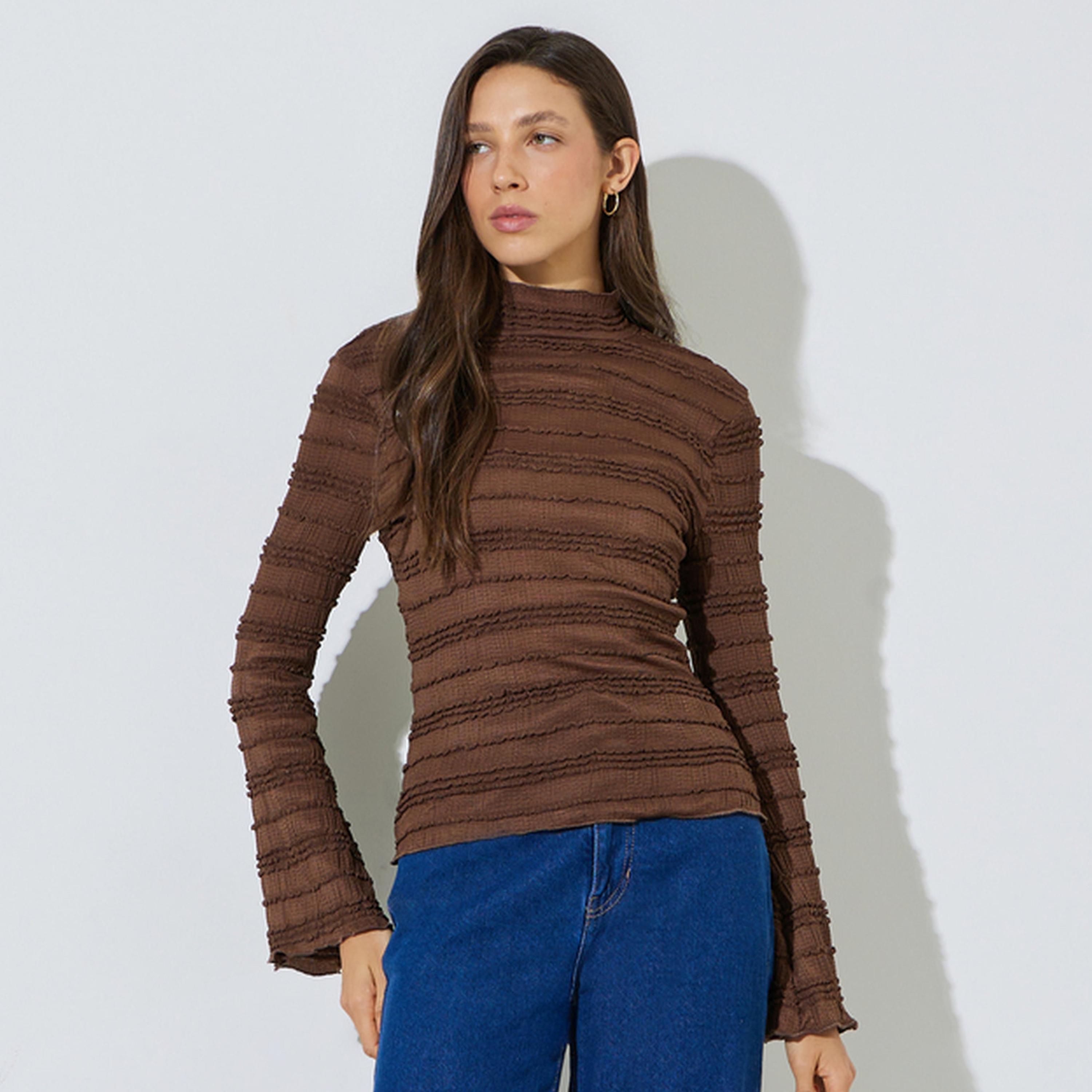 Styli Coffee Brown High Neck Textured Knit Top-women-clothing-shirtsandblouses-blouses-image-1