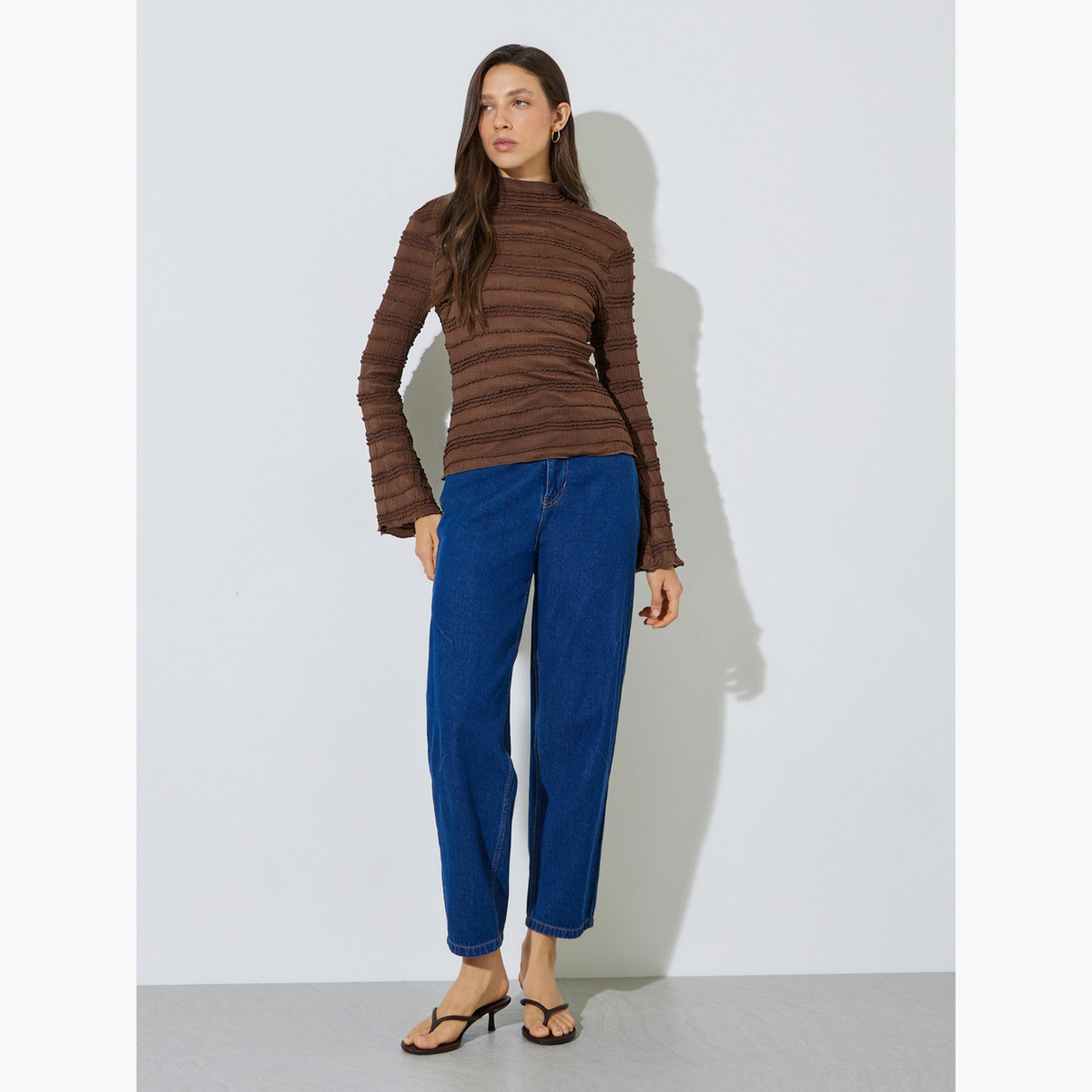 Styli Coffee Brown High Neck Textured Knit Top-women-clothing-shirtsandblouses-blouses-image-2