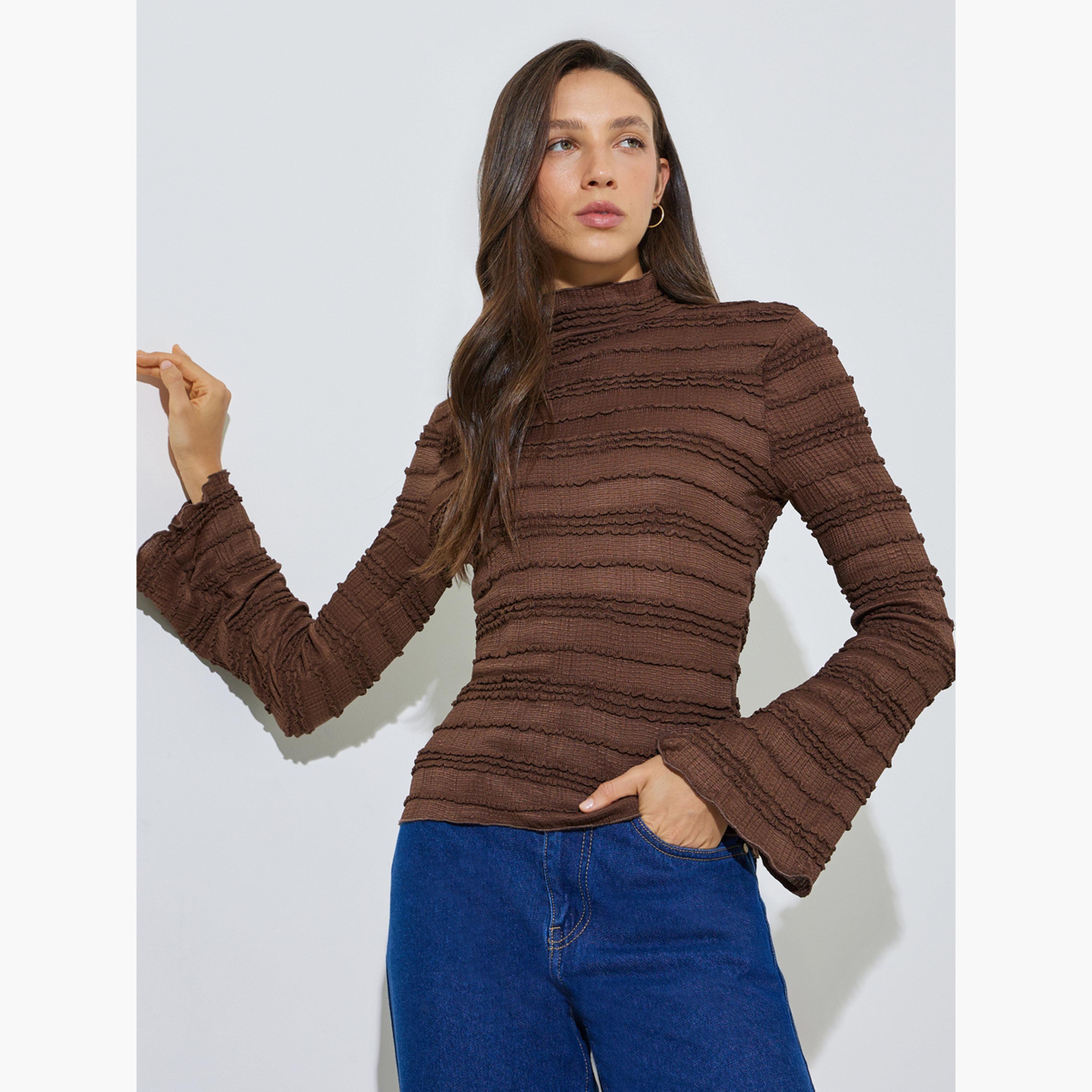 Styli Coffee Brown High Neck Textured Knit Top-women-clothing-shirtsandblouses-blouses-image-3