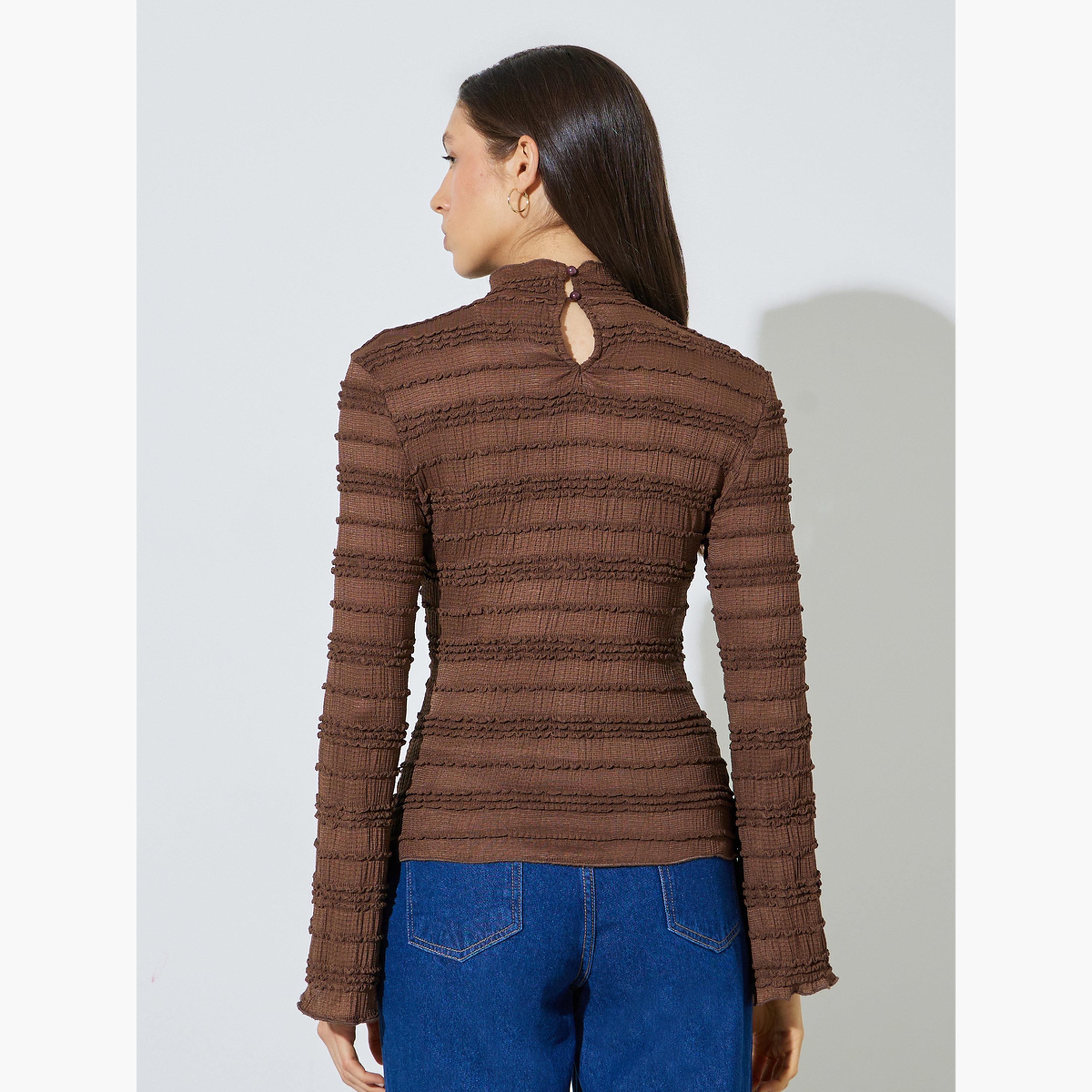 Styli Coffee Brown High Neck Textured Knit Top-women-clothing-shirtsandblouses-blouses-image-4