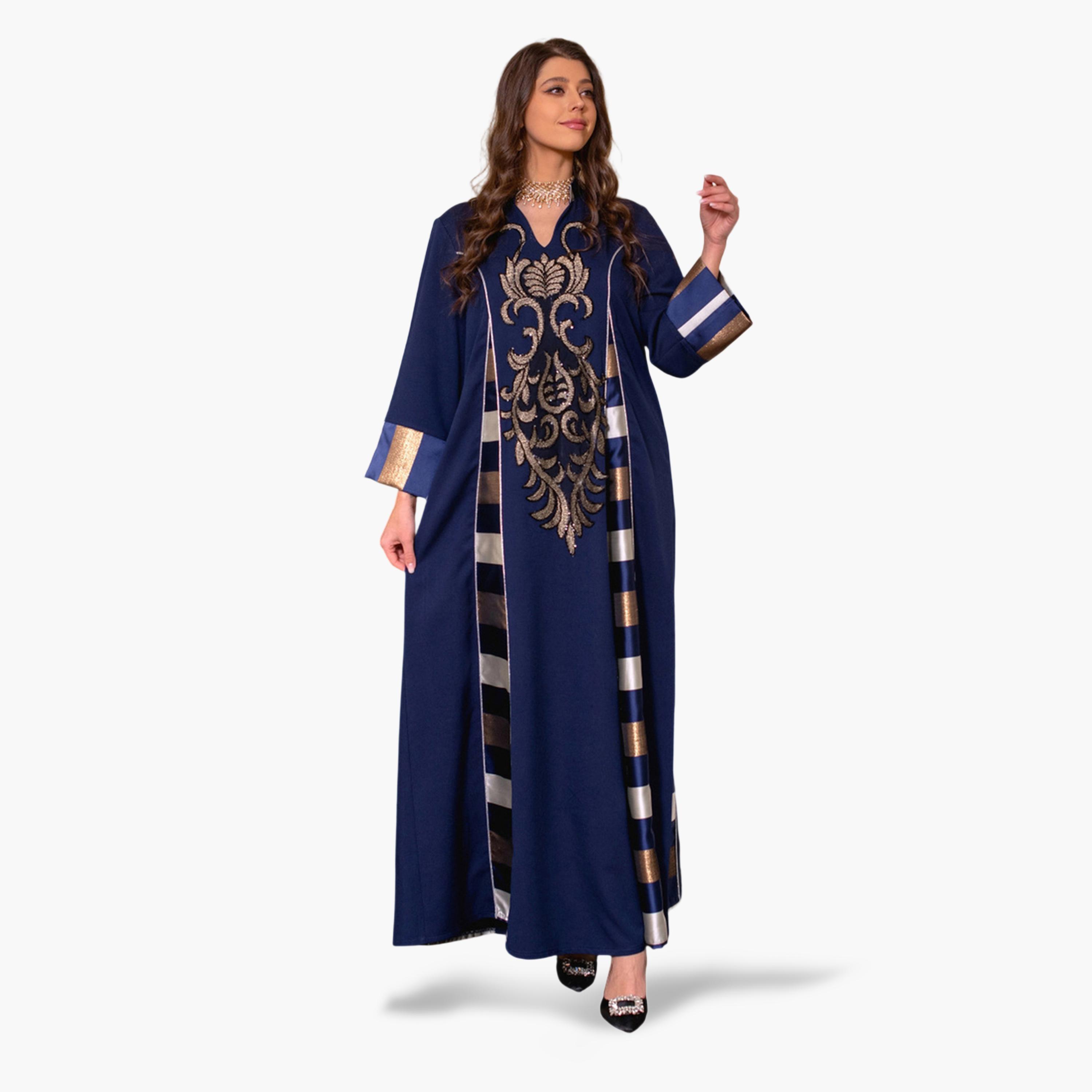 جلابية طويلة وتطريز ترتر ذهبي لون كحلي-women-arabicclothing-jalabiyas-image-4