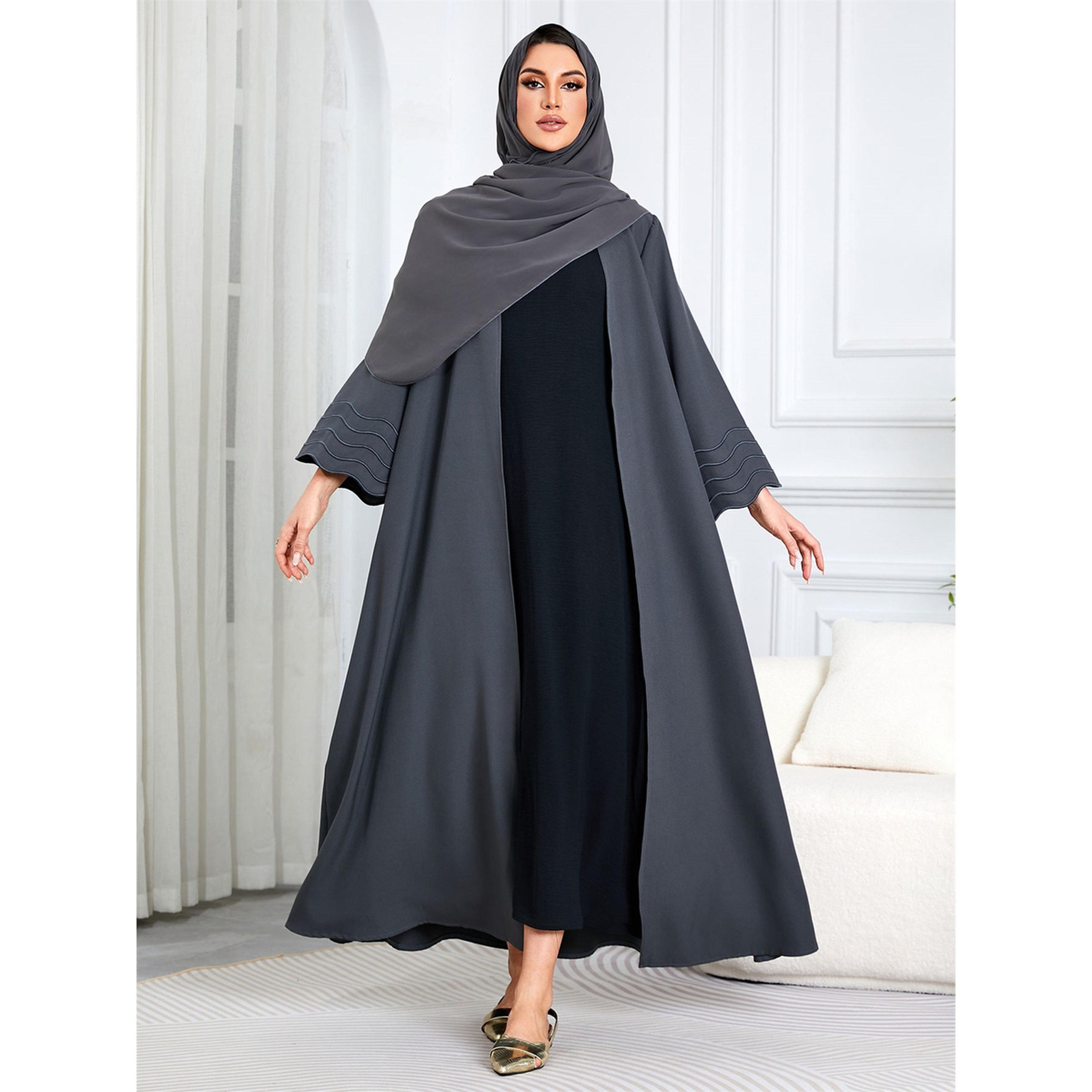 Take Two Grey Solid Maxi Abaya with Scalloped Sleeves-women-arabicclothing-abayas-image-1