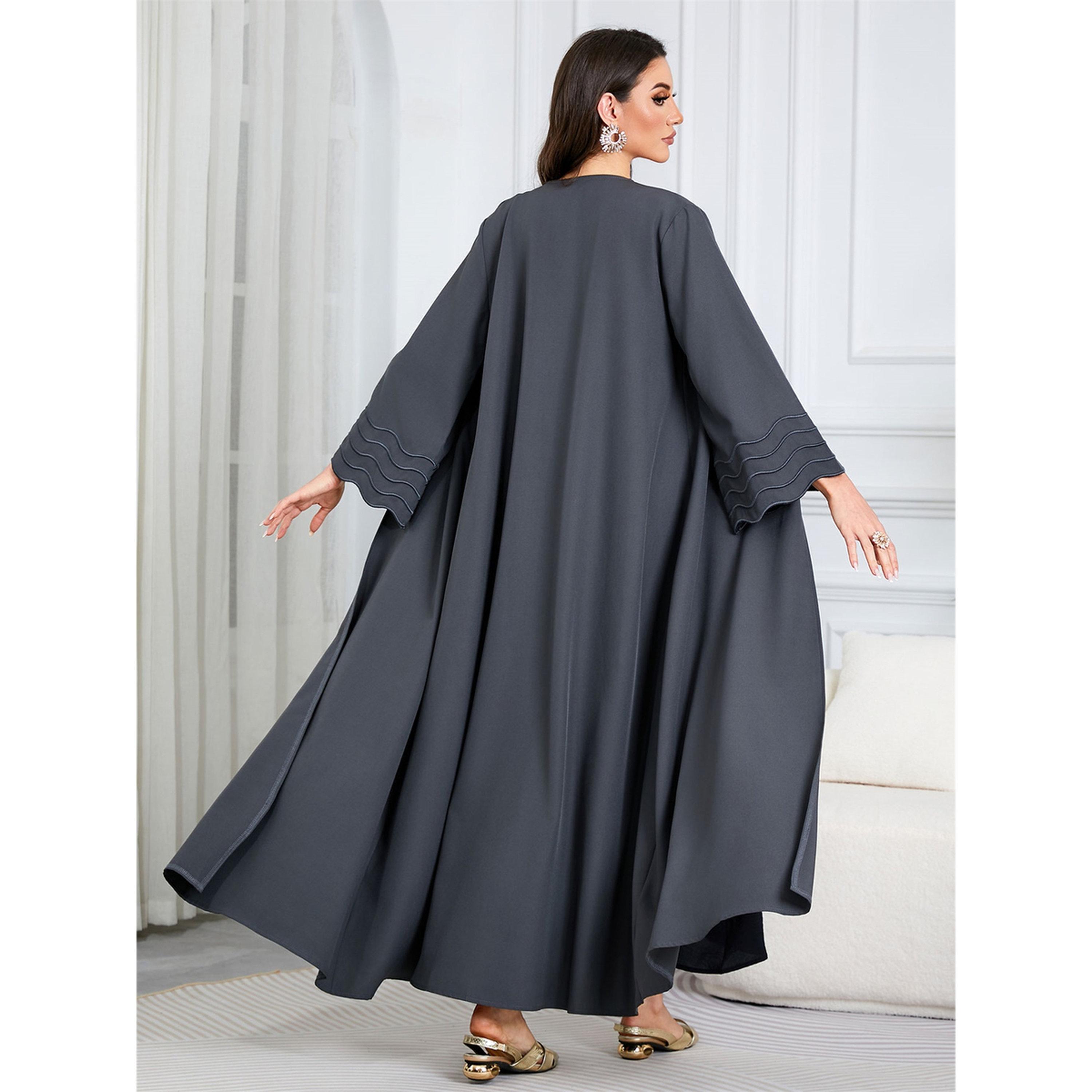 Take Two Grey Solid Maxi Abaya with Scalloped Sleeves-women-arabicclothing-abayas-image-2