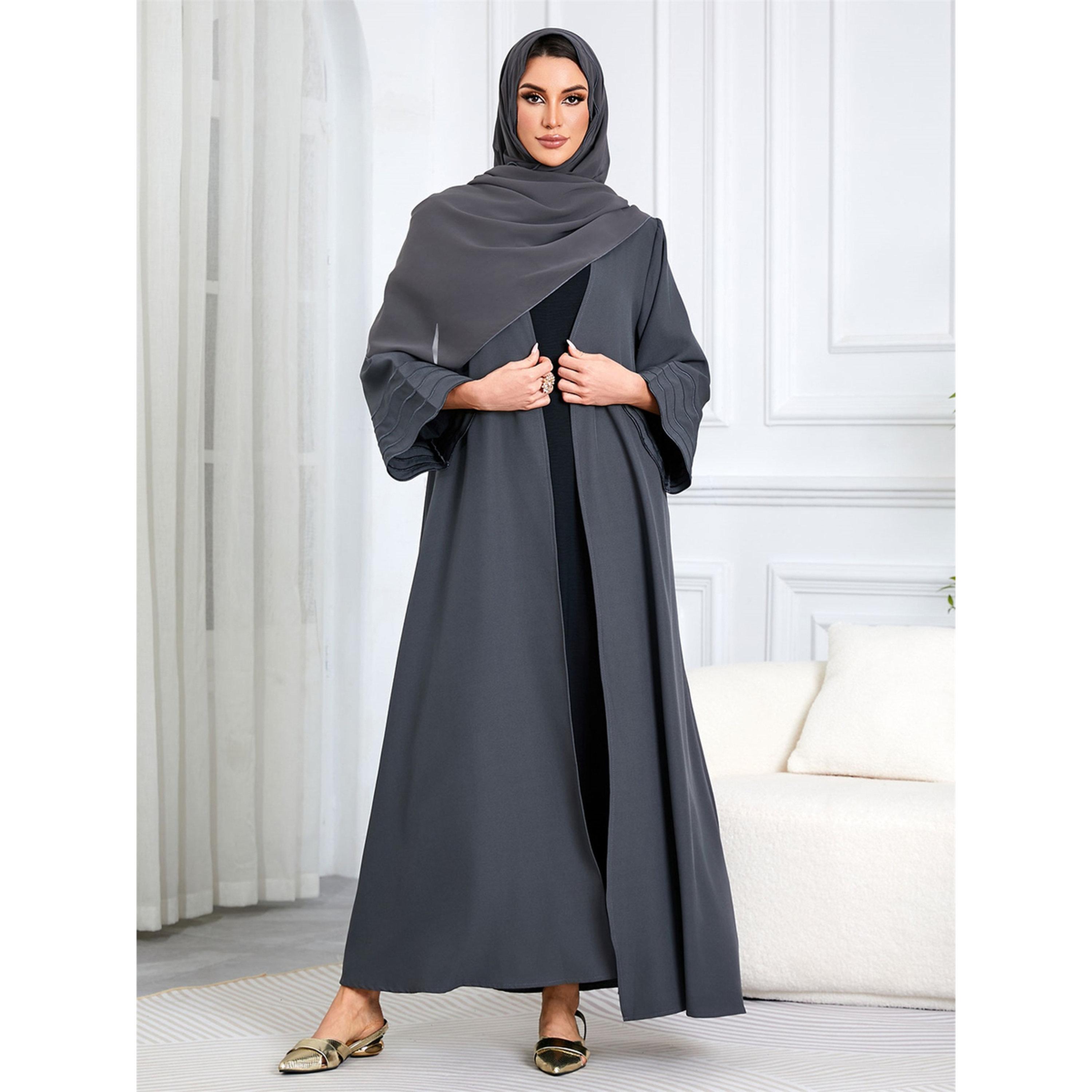 Take Two Grey Solid Maxi Abaya with Scalloped Sleeves-women-arabicclothing-abayas-image-3