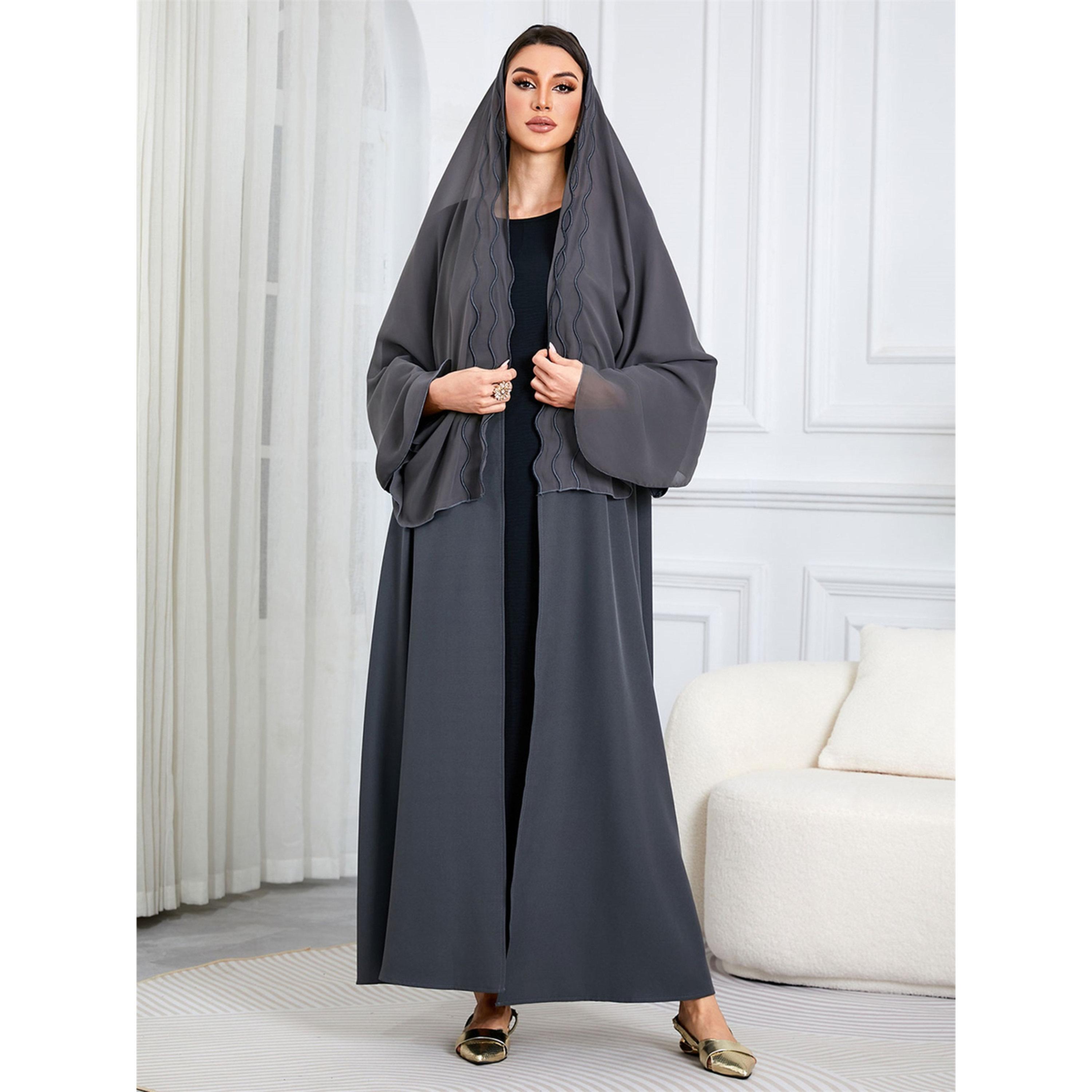 Take Two Grey Solid Maxi Abaya with Scalloped Sleeves-women-arabicclothing-abayas-image-4