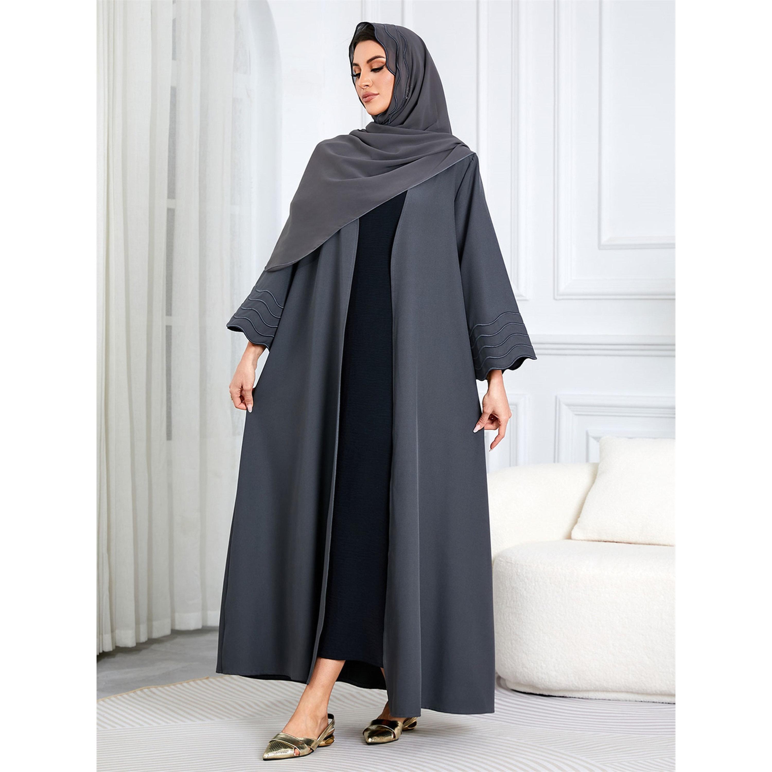 Take Two Grey Solid Maxi Abaya with Scalloped Sleeves-women-arabicclothing-abayas-image-5