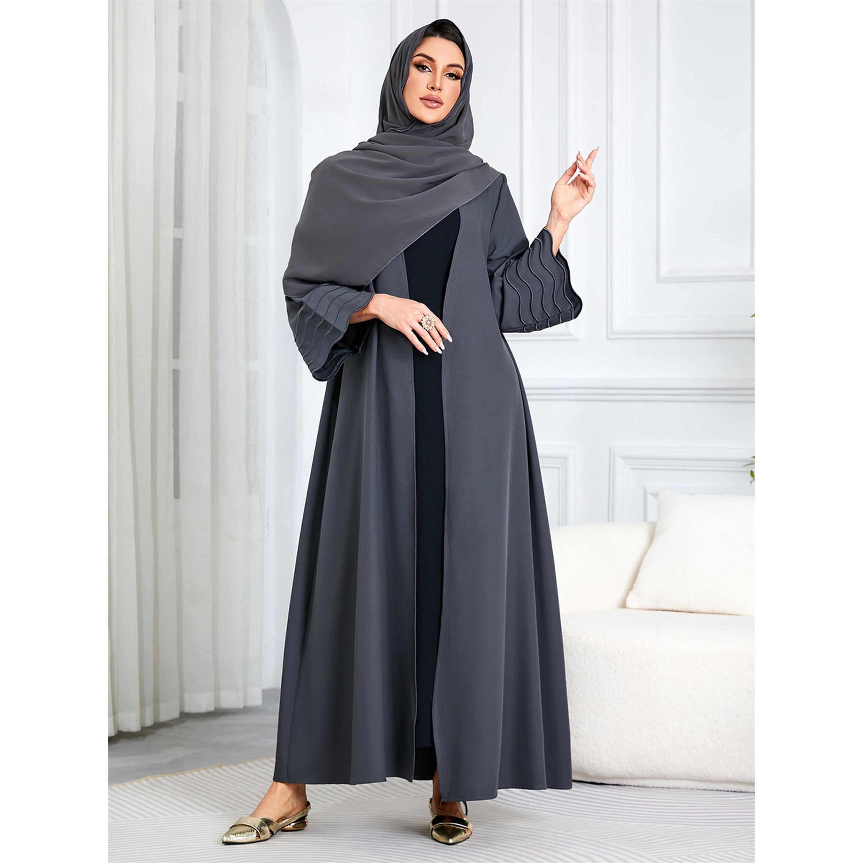Take Two Grey Solid Maxi Abaya with Scalloped Sleeves-women-arabicclothing-abayas-image-6