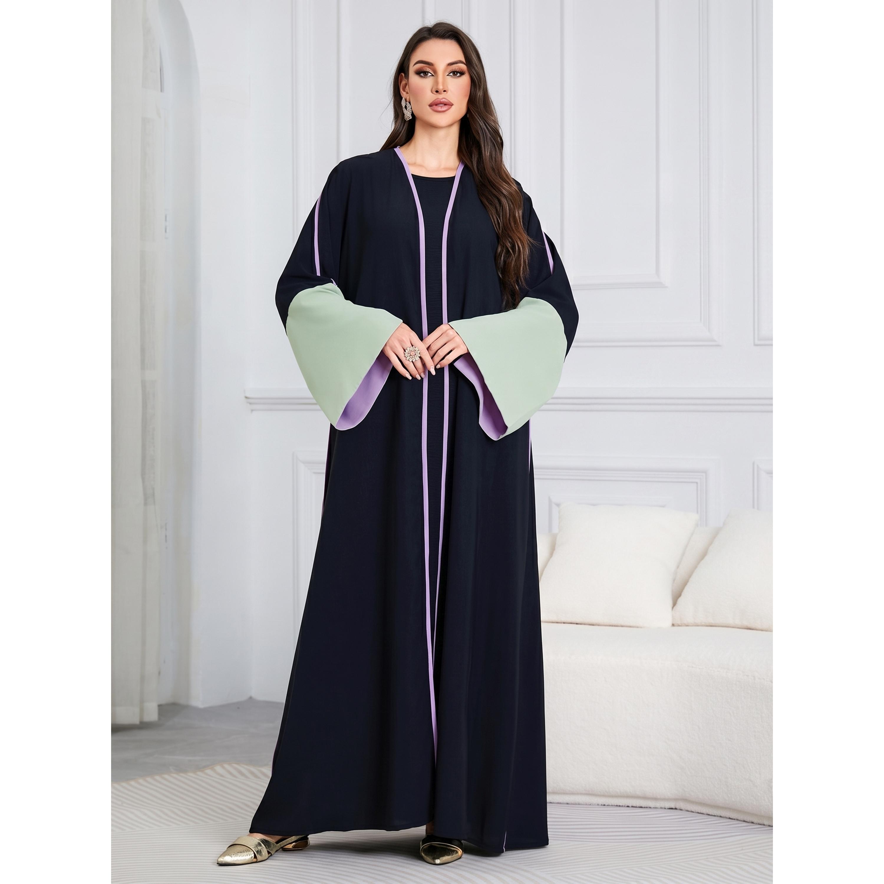 Take Two Black Contrast Trims Open Front Abaya-women-arabicclothing-abayas-image-1