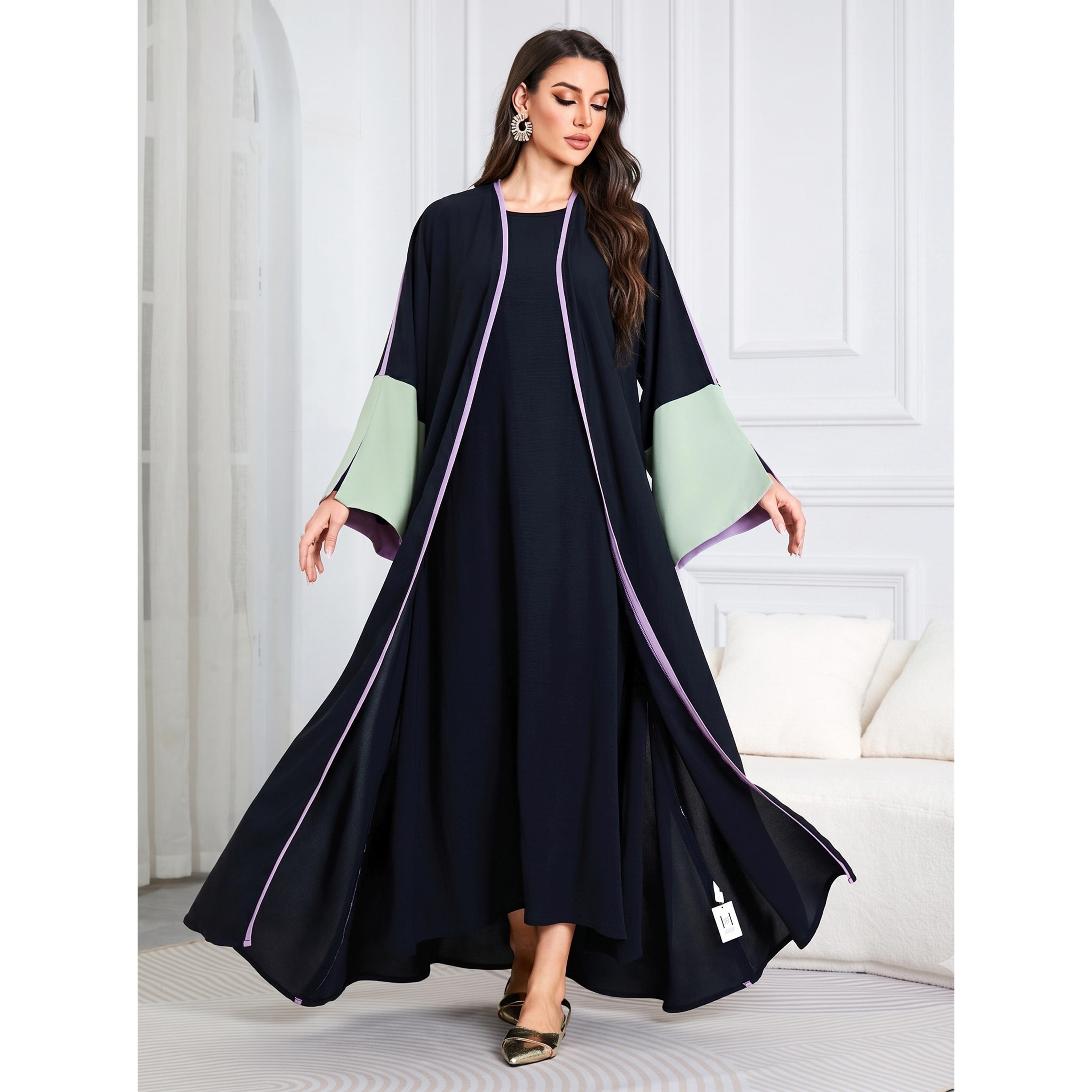 Take Two Black Contrast Trims Open Front Abaya-women-arabicclothing-abayas-image-3