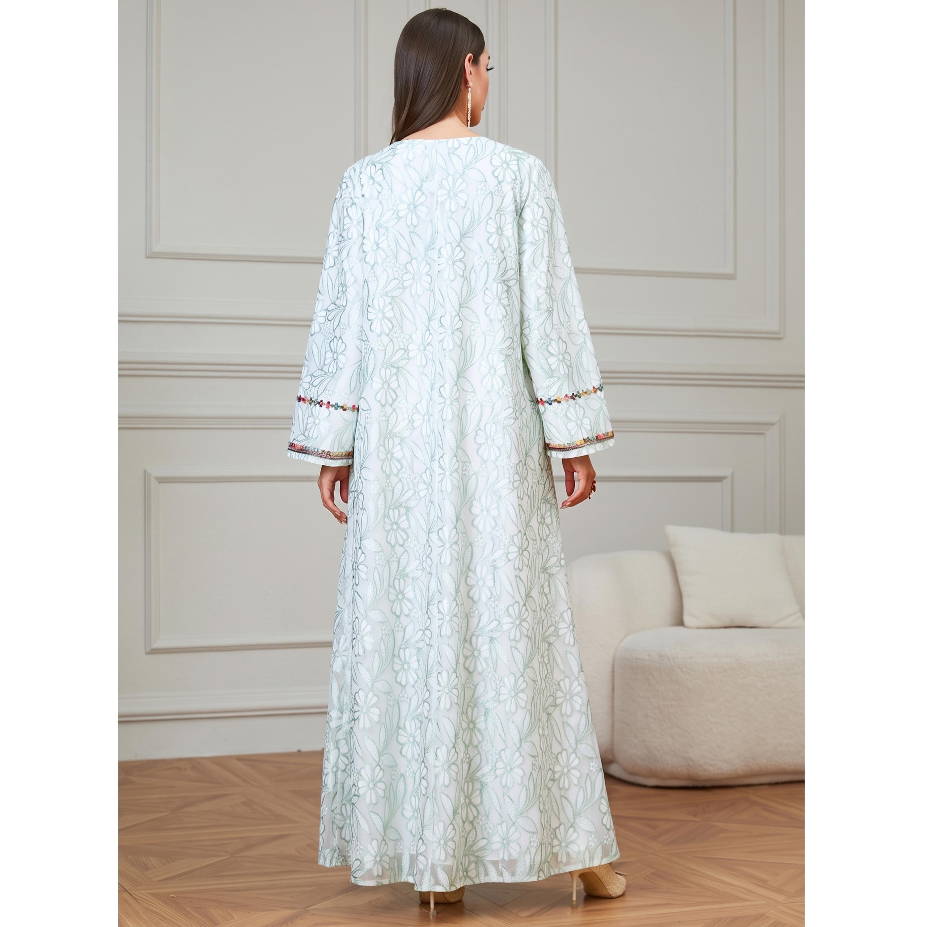جلابية طويلة مطرزة بأكمام طويلة لون أخضر-women-arabicclothing-jalabiyas-image-2