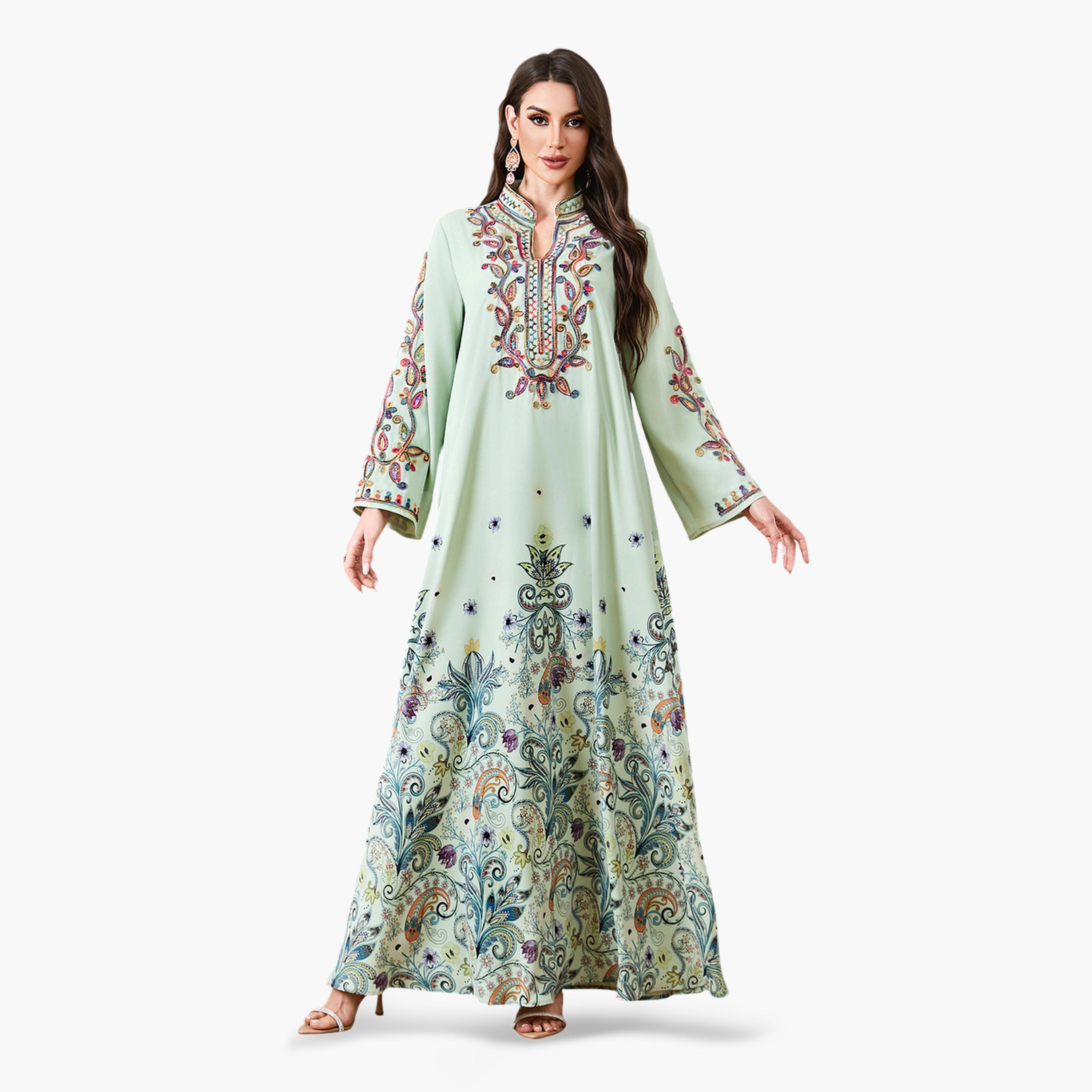Take Two Green Long Sleeves Embroidered Maxi Jalabiya-women-arabicclothing-jalabiyas-image-1
