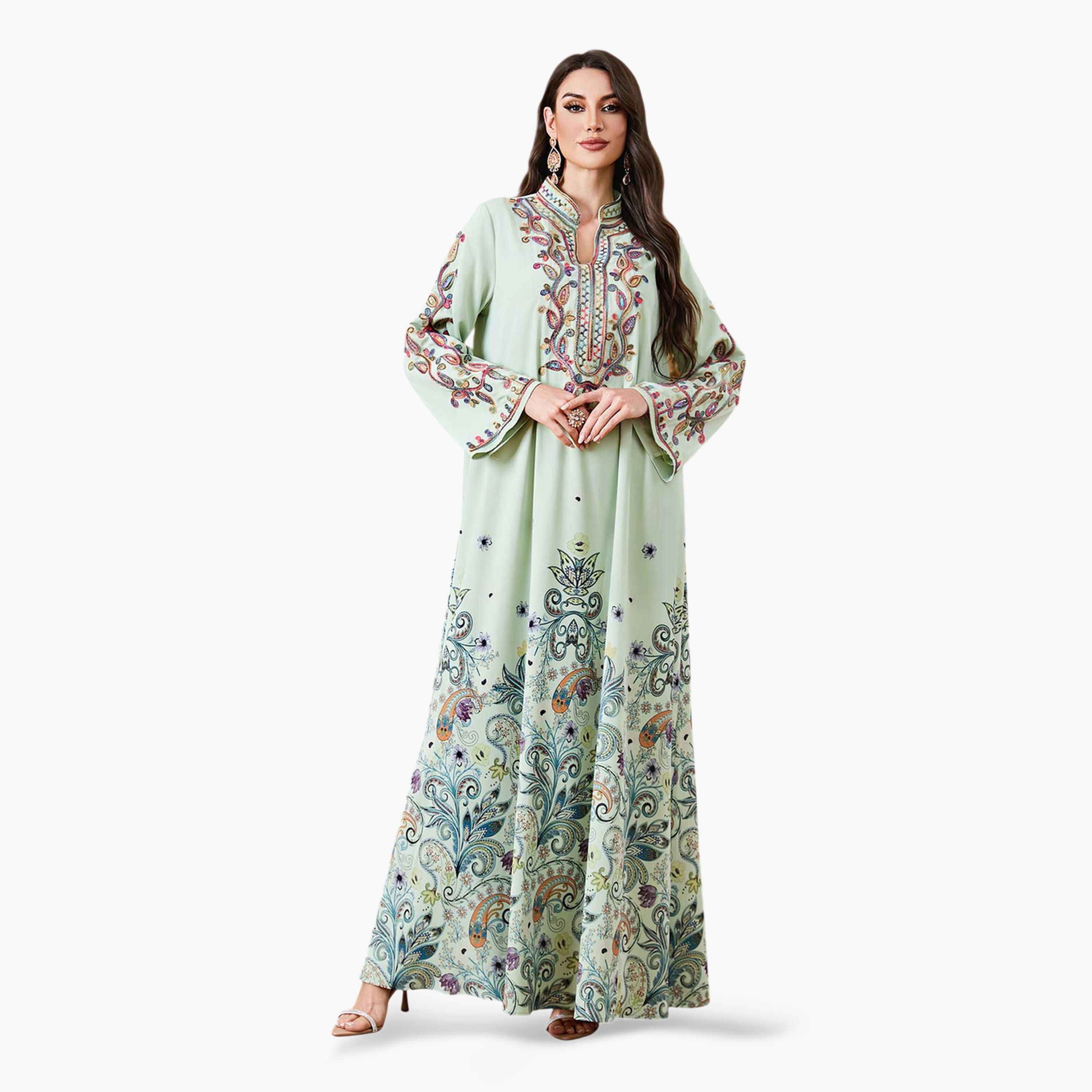 Take Two Green Long Sleeves Embroidered Maxi Jalabiya-women-arabicclothing-jalabiyas-image-4