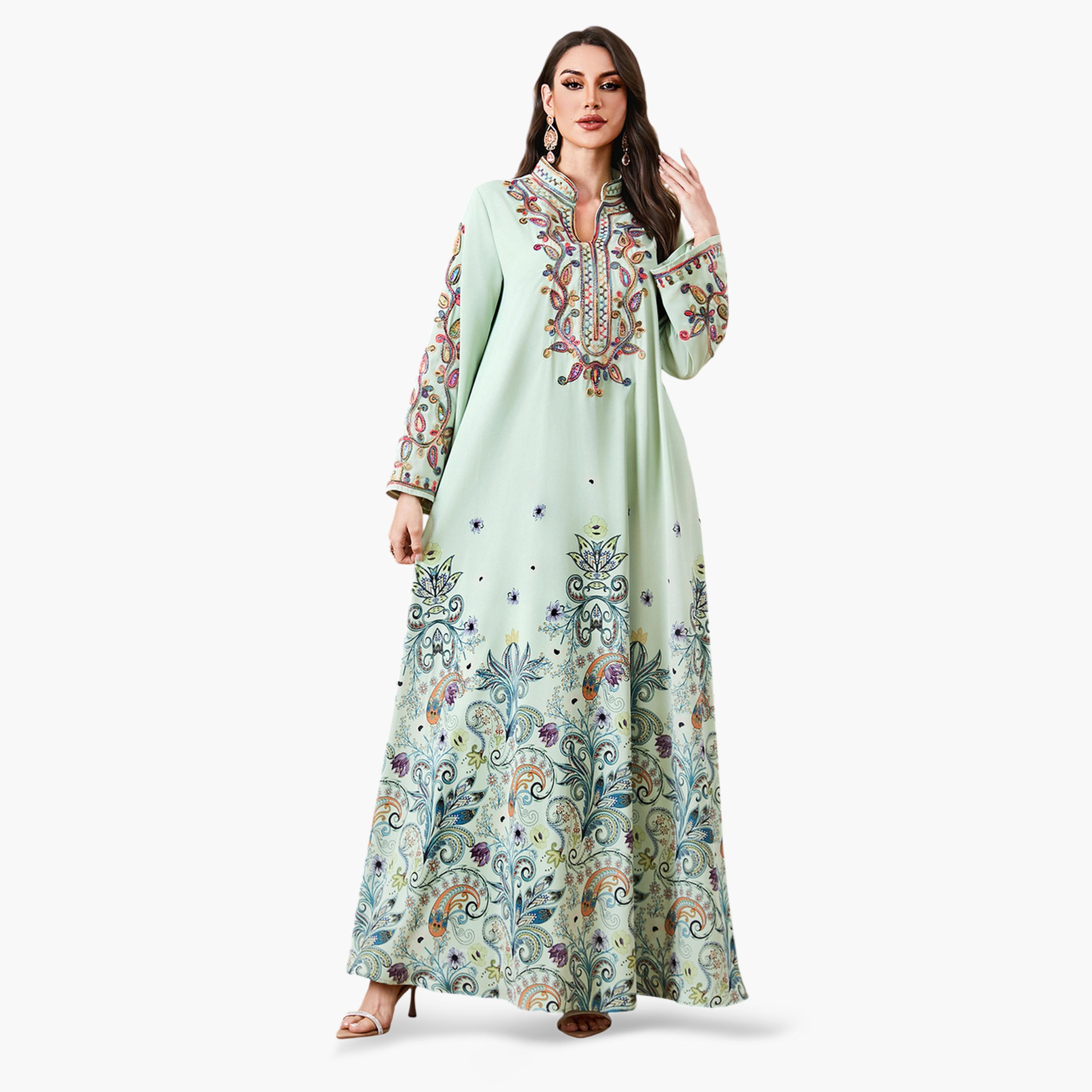 Take Two Green Long Sleeves Embroidered Maxi Jalabiya-women-arabicclothing-jalabiyas-image-5