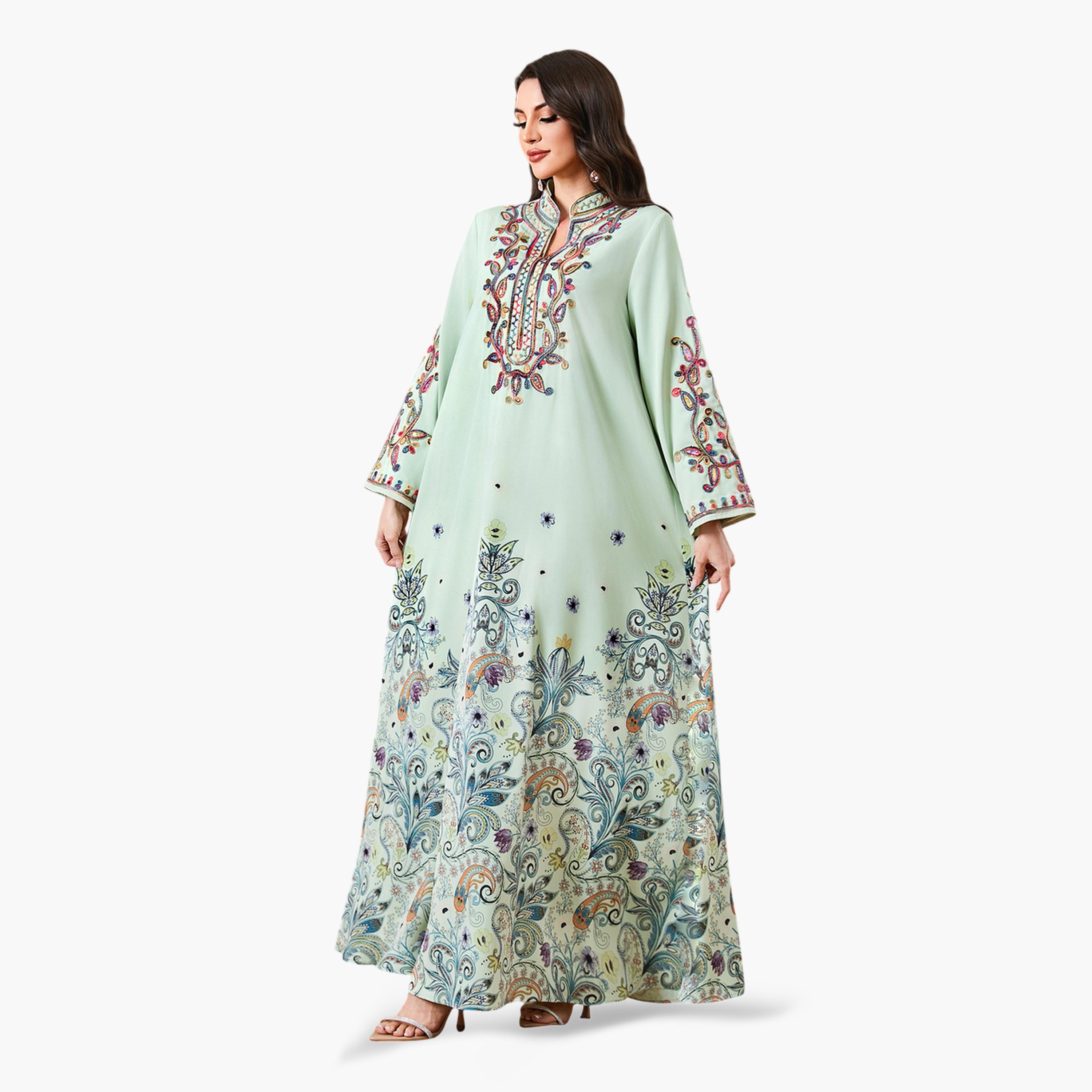 Take Two Green Long Sleeves Embroidered Maxi Jalabiya-women-arabicclothing-jalabiyas-image-6