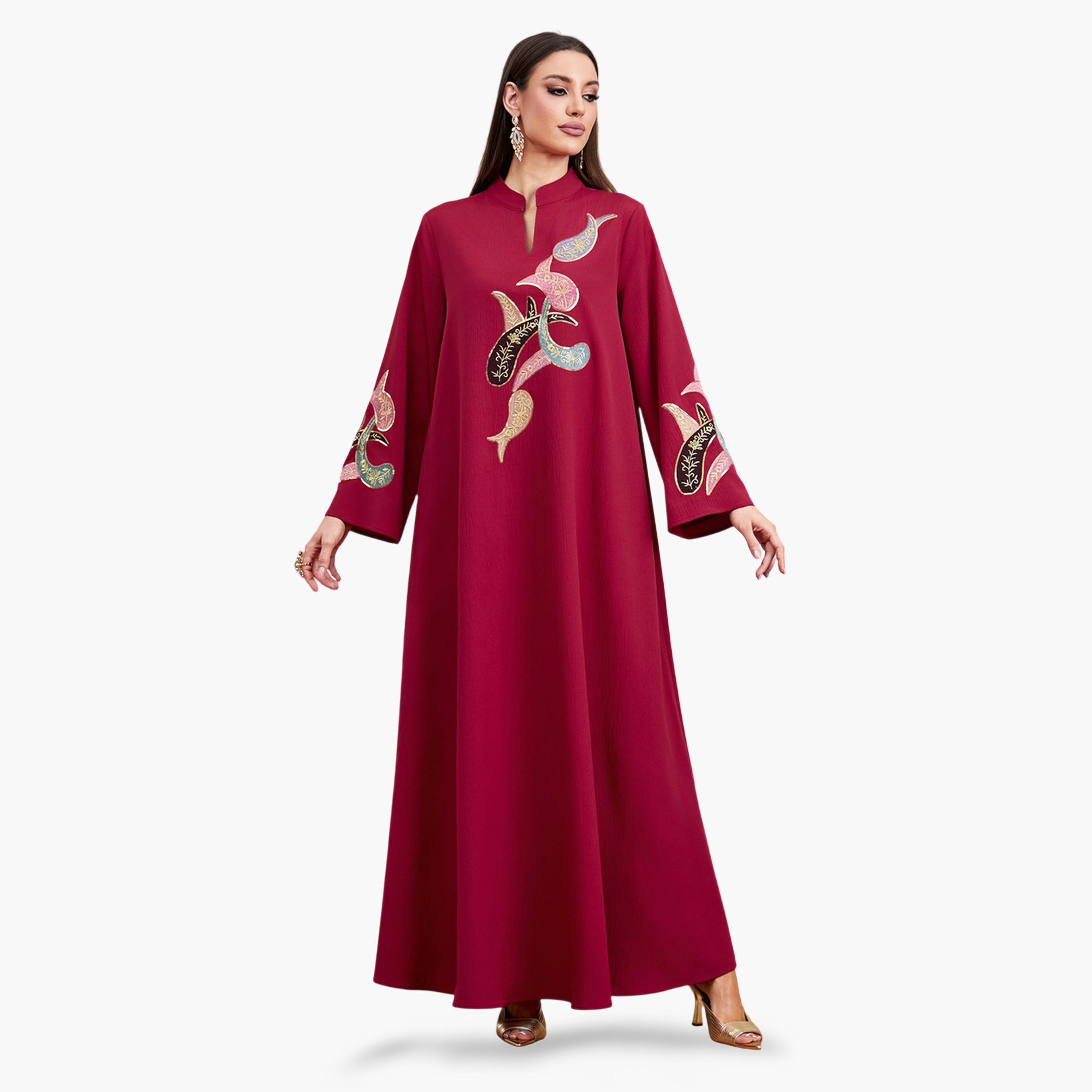 Take Two Red Long Sleeves Embroidered Maxi Jalabiya-women-arabicclothing-jalabiyas-image-1