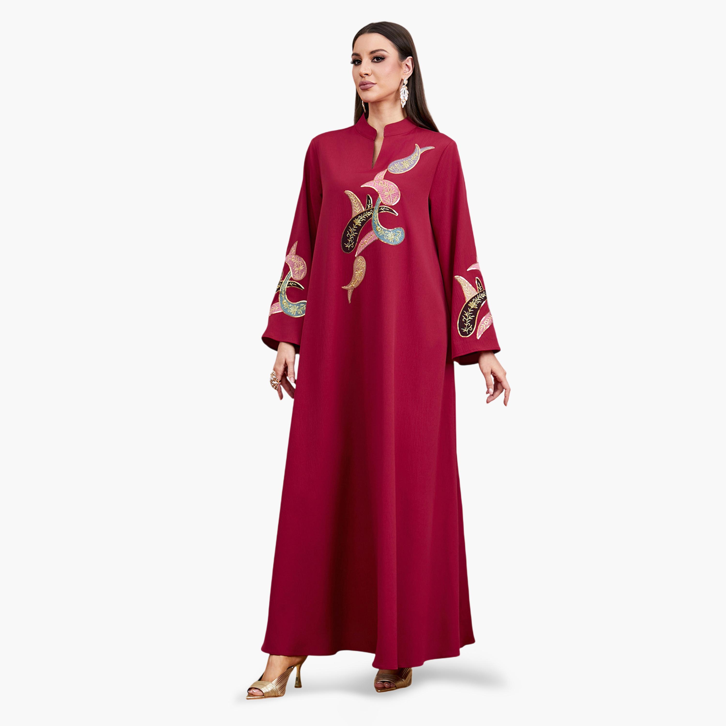 Take Two Red Long Sleeves Embroidered Maxi Jalabiya-women-arabicclothing-jalabiyas-image-3