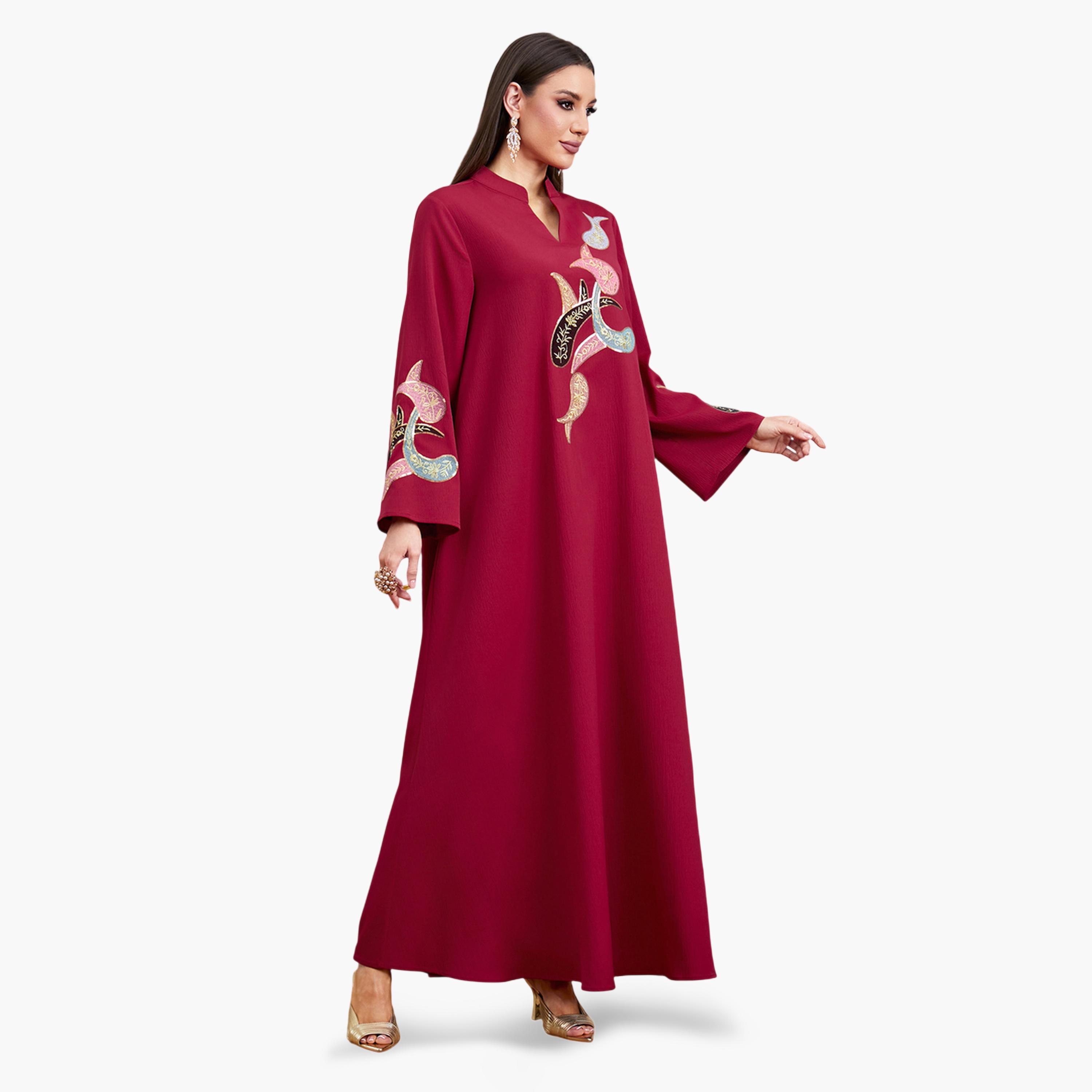 Take Two Red Long Sleeves Embroidered Maxi Jalabiya-women-arabicclothing-jalabiyas-image-4