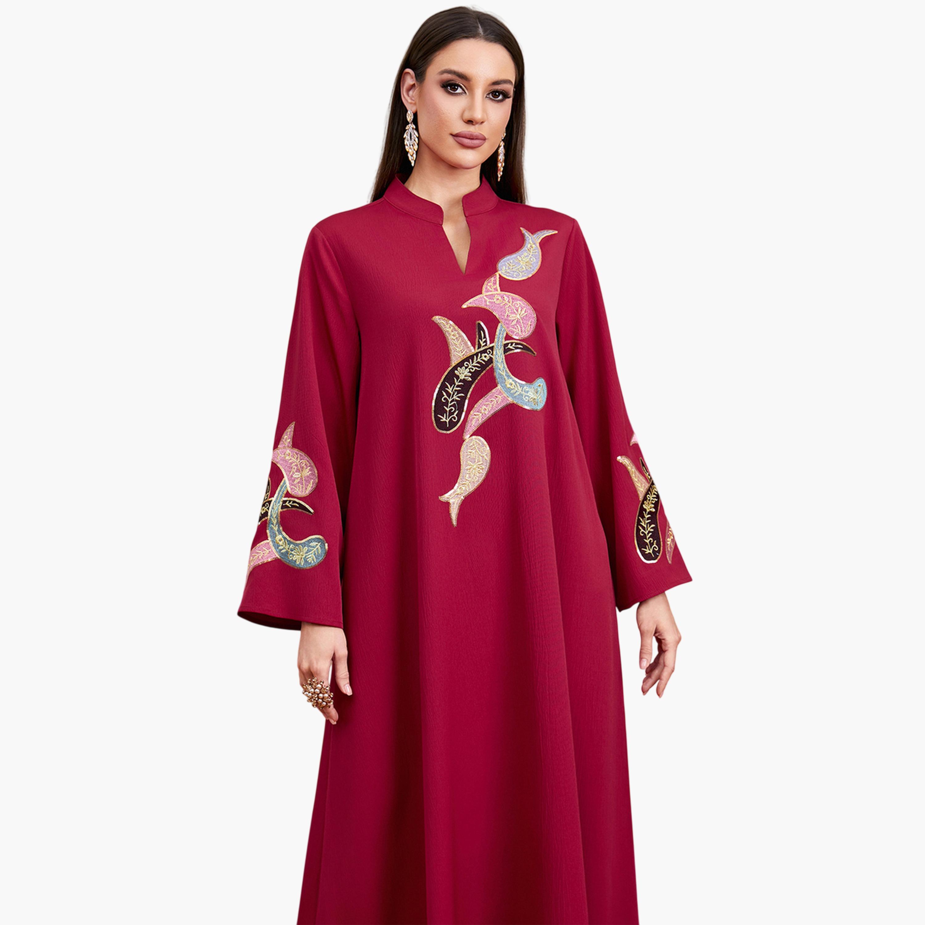 Take Two Red Long Sleeves Embroidered Maxi Jalabiya-women-arabicclothing-jalabiyas-image-5
