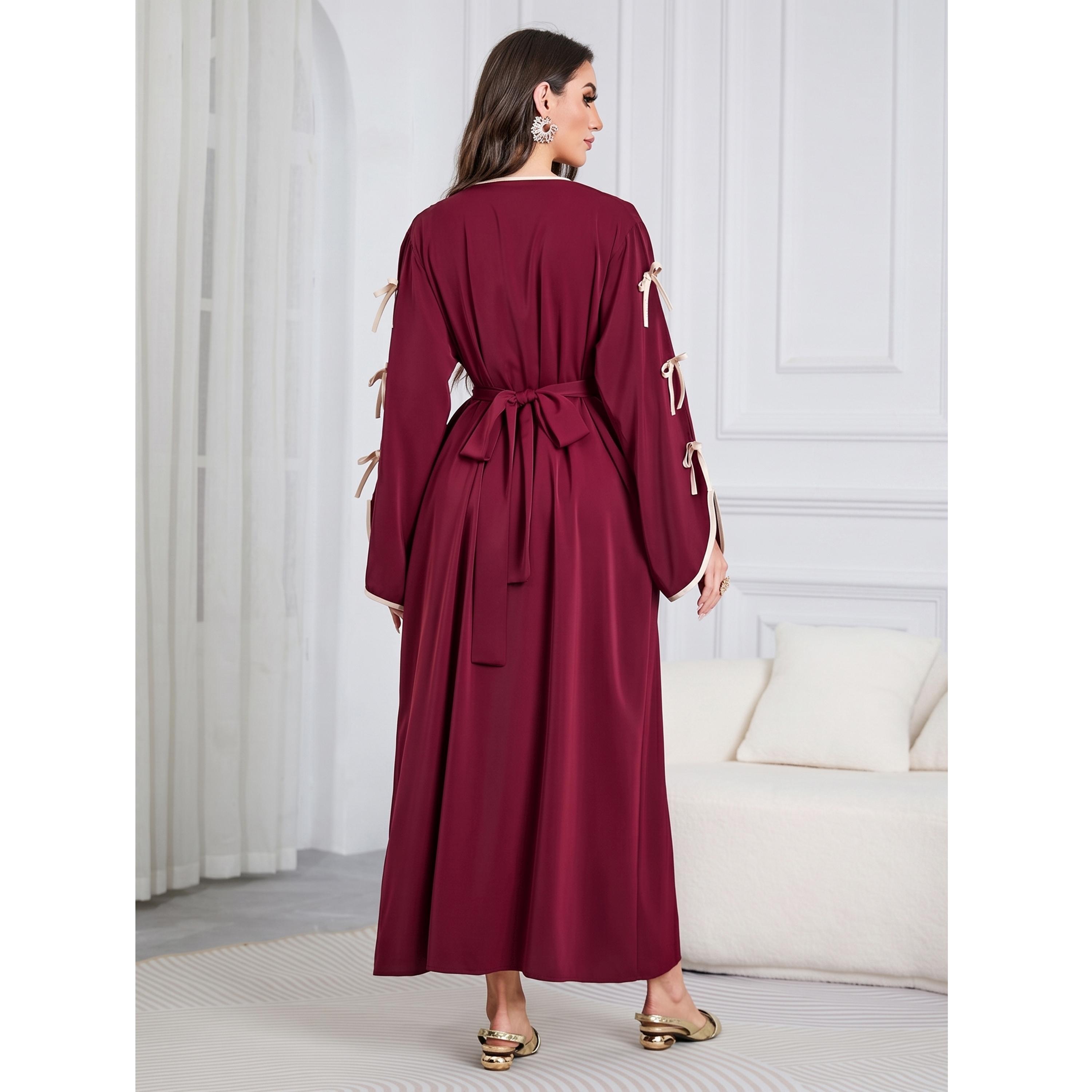 Take Two Red Contrast Trims Bow Details Maxi Abaya-women-arabicclothing-abayas-image-2