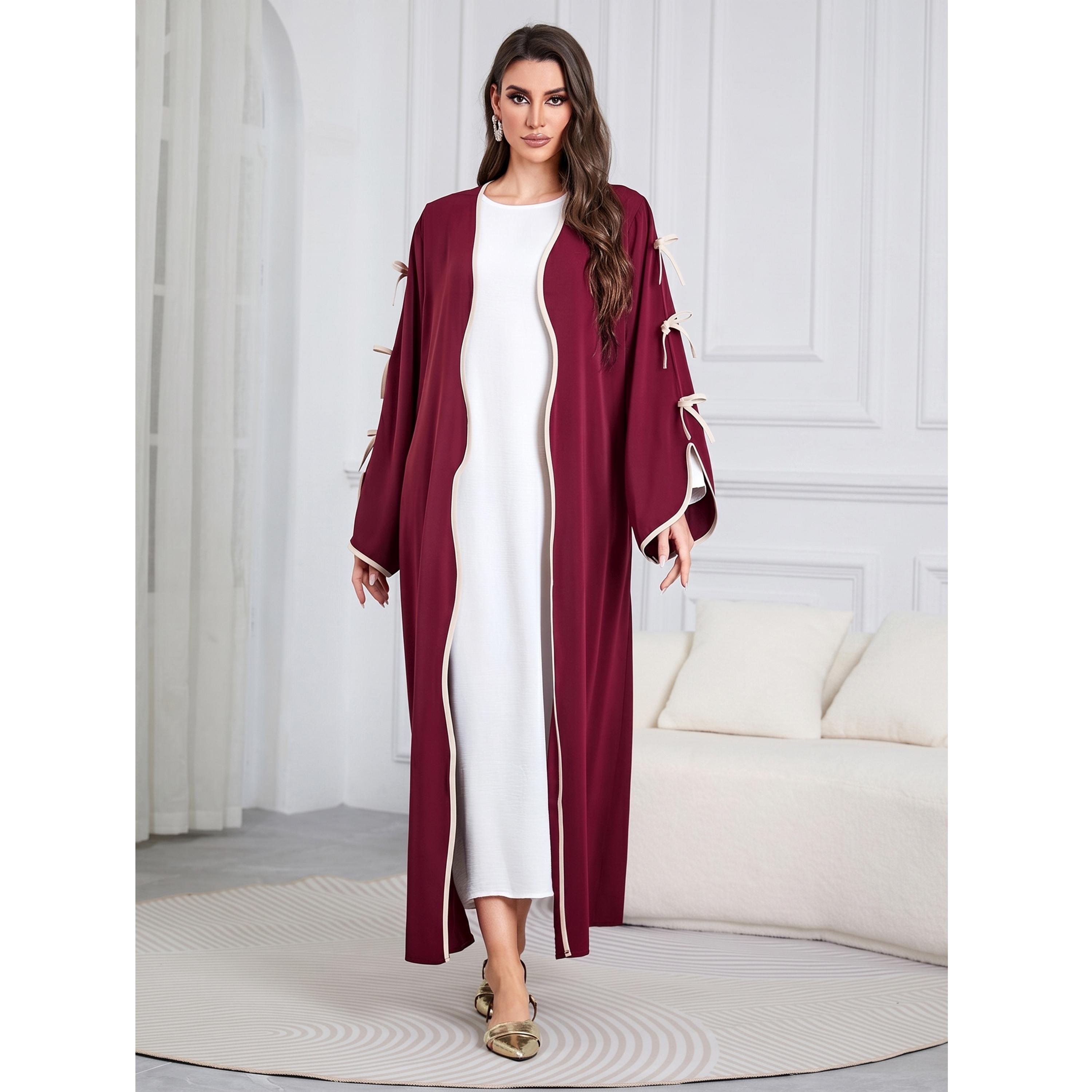 Take Two Red Contrast Trims Bow Details Maxi Abaya-women-arabicclothing-abayas-image-3