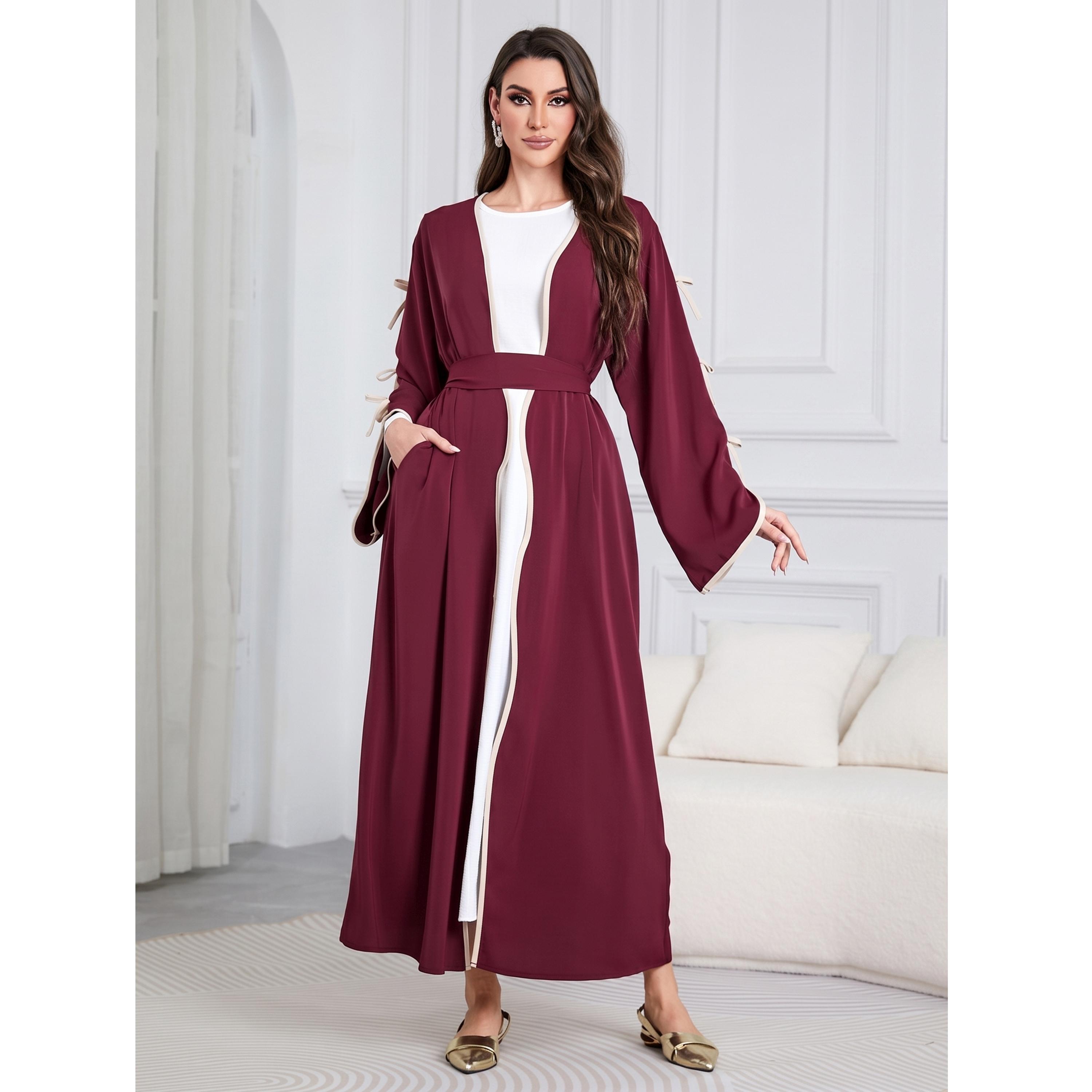 عباية طويلة بتفاصيل فيونكة وحواف متباينة لون أحمر-women-arabicclothing-abayas-image-5