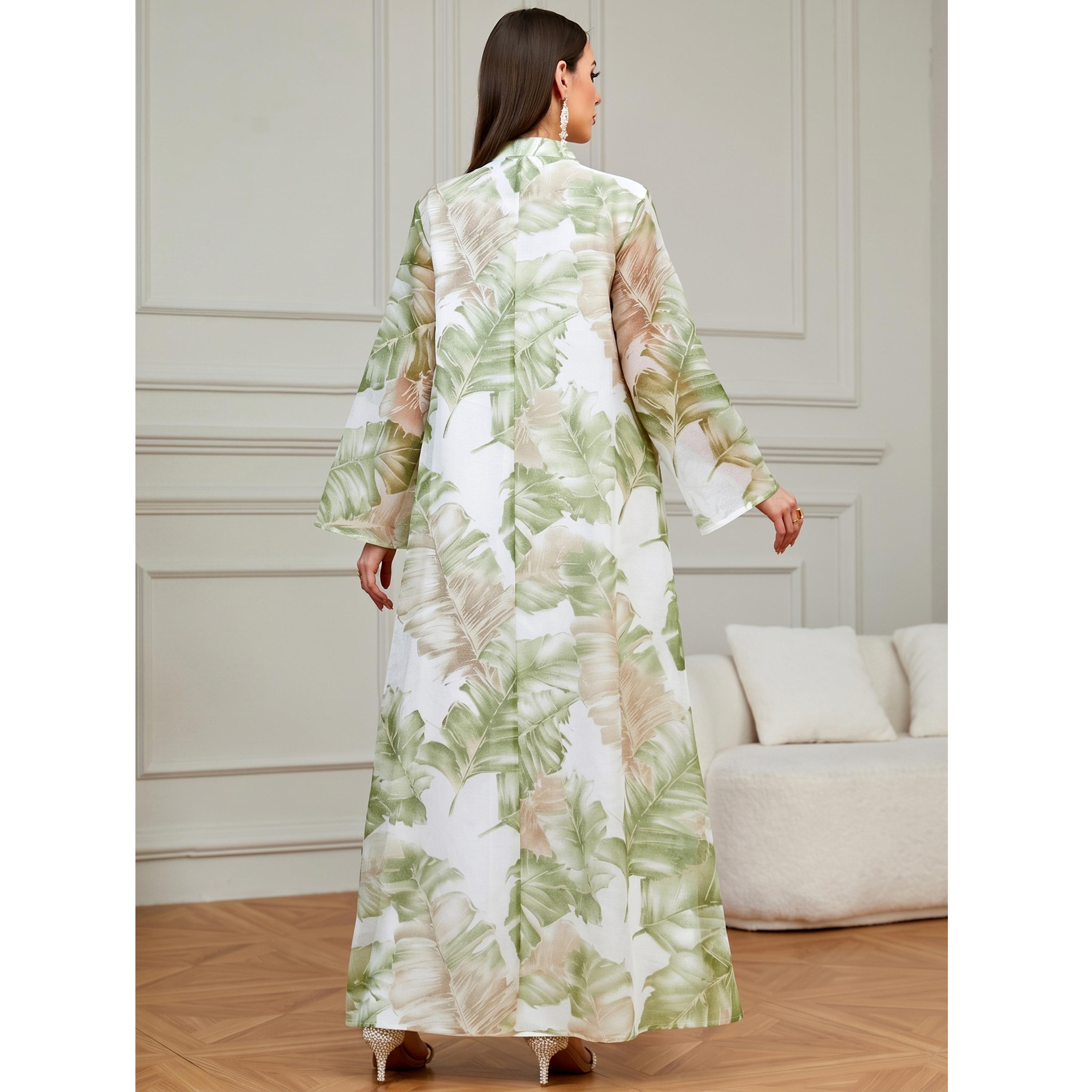 جلابية طويلة بحافة واسعة بالترتر وطبعة أوراق شجر لون أخضر-women-arabicclothing-jalabiyas-image-2