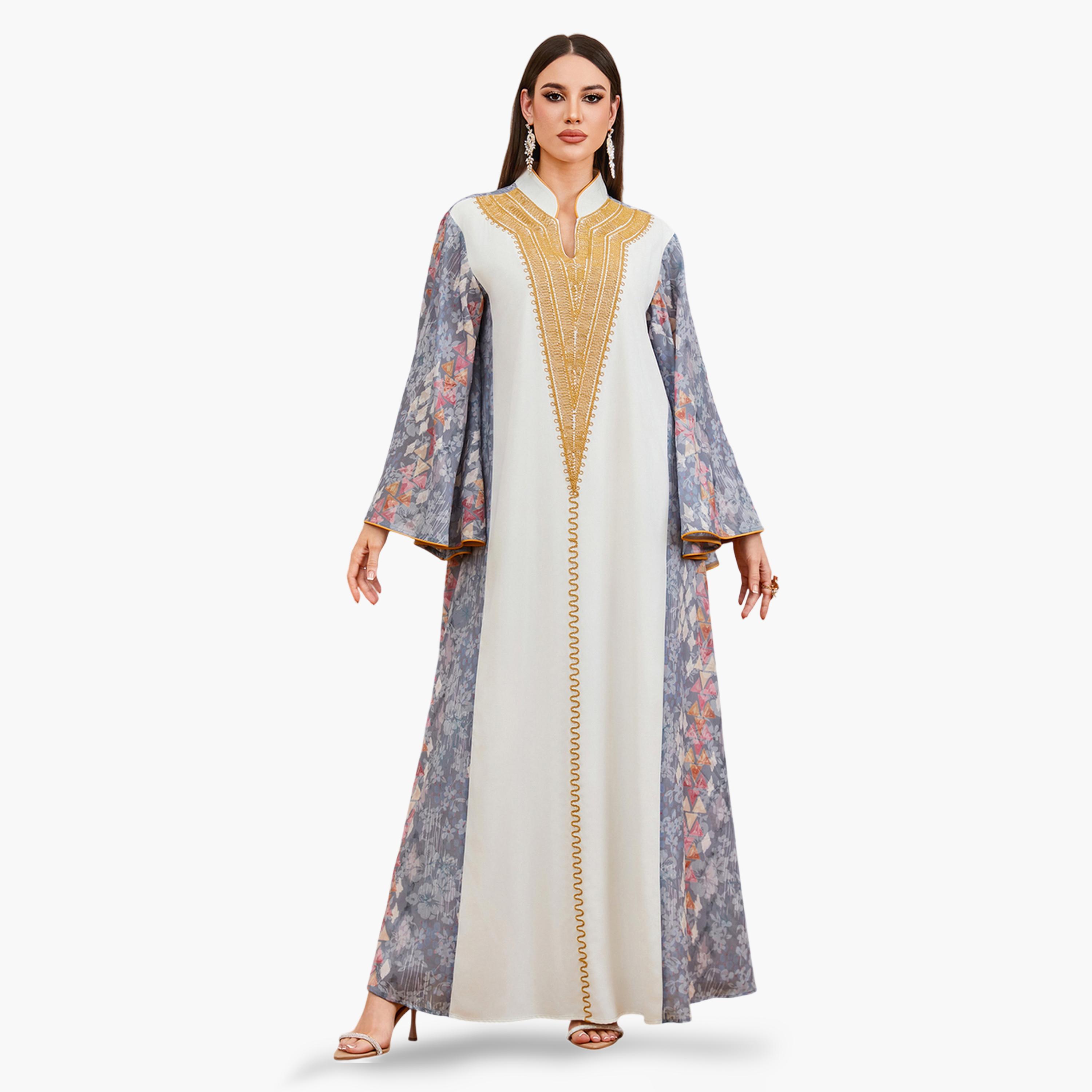 جلابية طويلة مطرزة وطبعة جرافيك متعدد الألوان-women-arabicclothing-jalabiyas-image-1